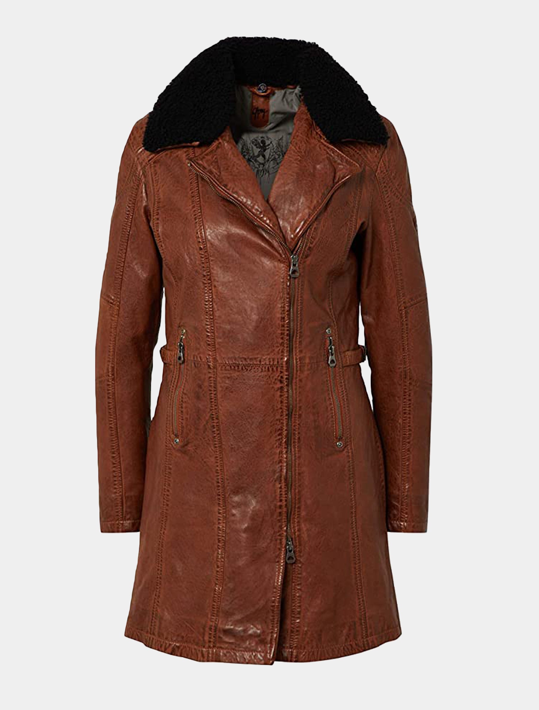 Damen Kurzmantel mit abnehmbarem Lammfell Kragen - GGScylla LATEV in cognac