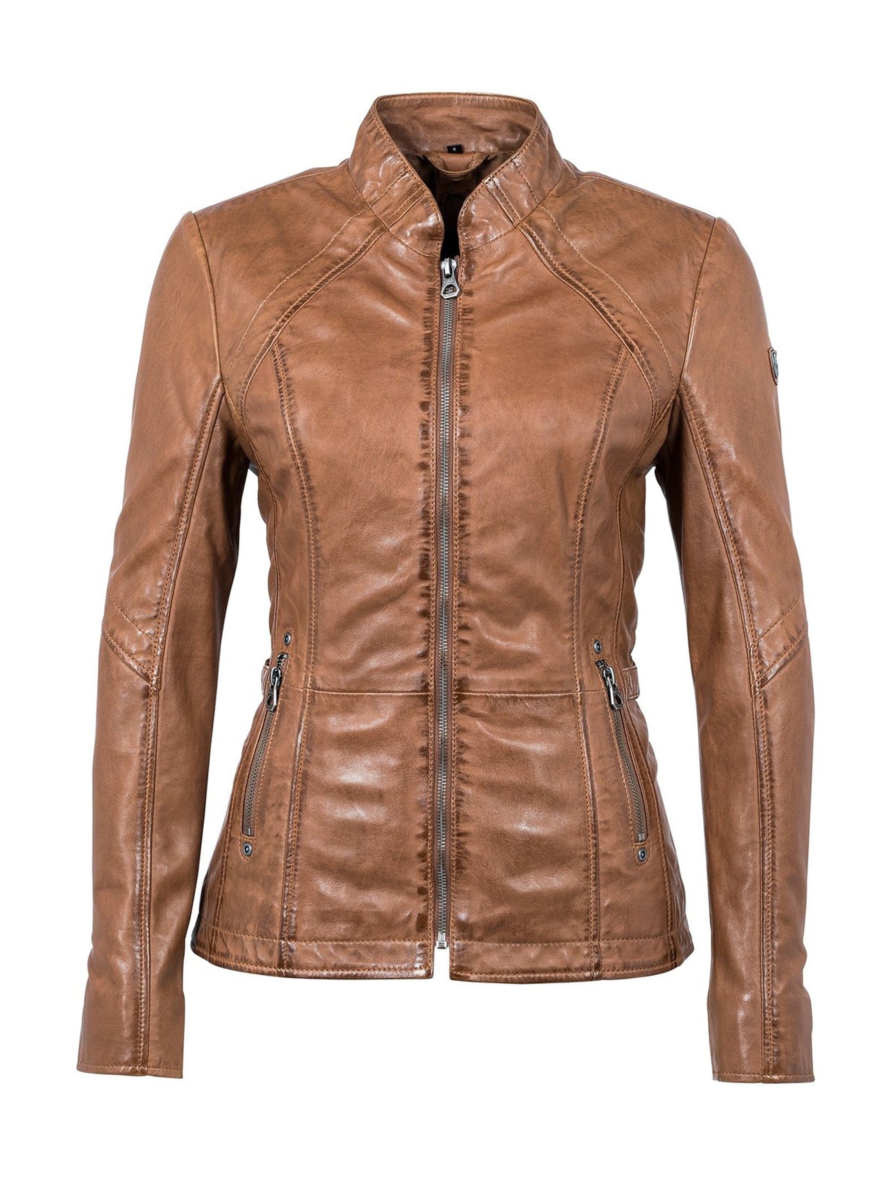 Biker Lederjacke mit Stehkragen für Damen - Gipsy Loreen in cognac