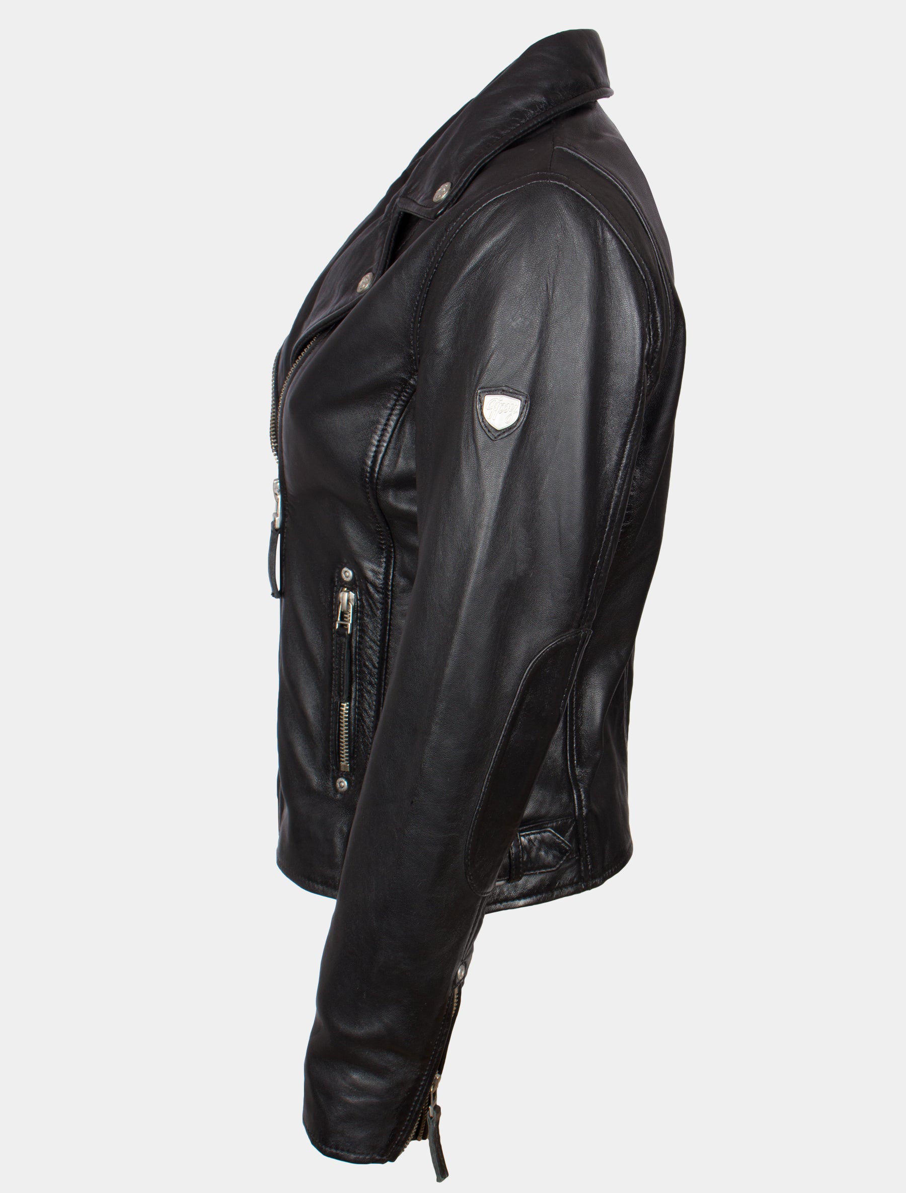 Kurze Damen Bikerjacke Lederjacke mit liegendem Kragen - PGG W14 LEGV in schwarz