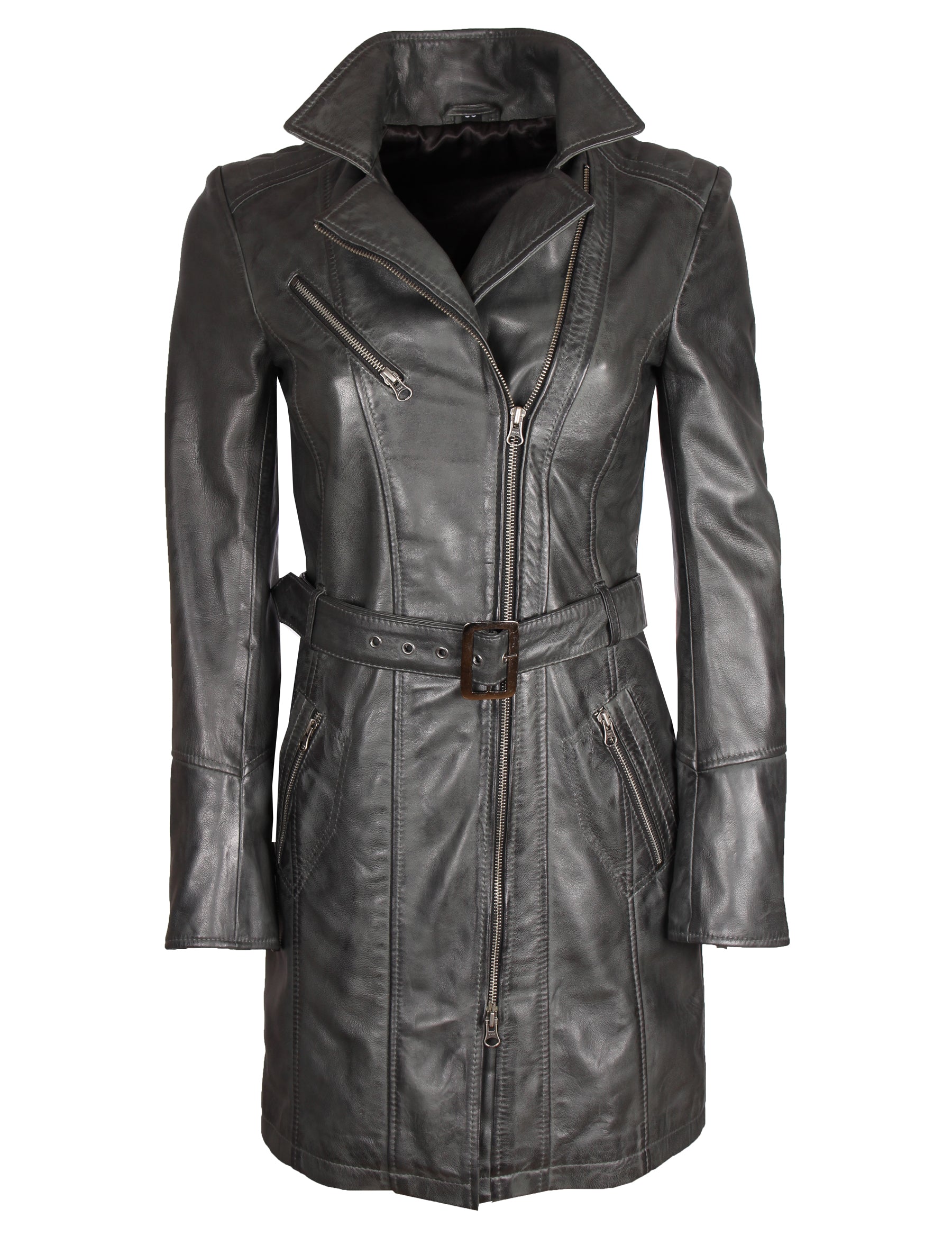 Damen Ledermantel mit Gürtel aus Lammleder von MDK - Huma in lenny grey