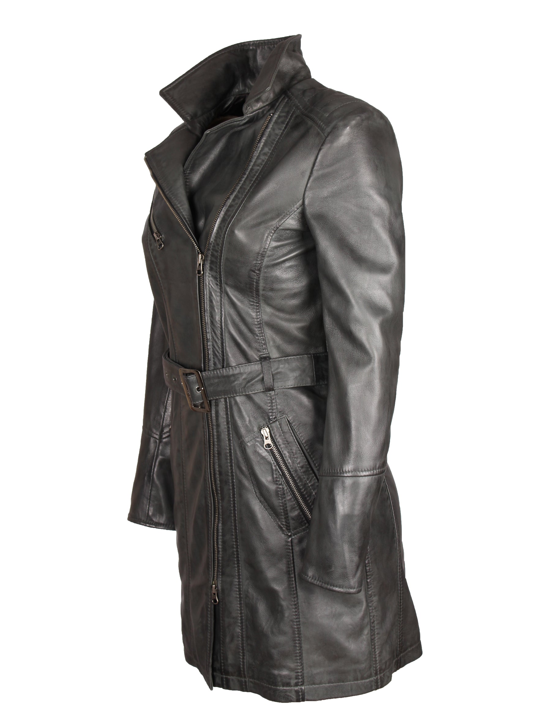 Damen Ledermantel mit Gürtel aus Lammleder von MDK - Huma in lenny grey