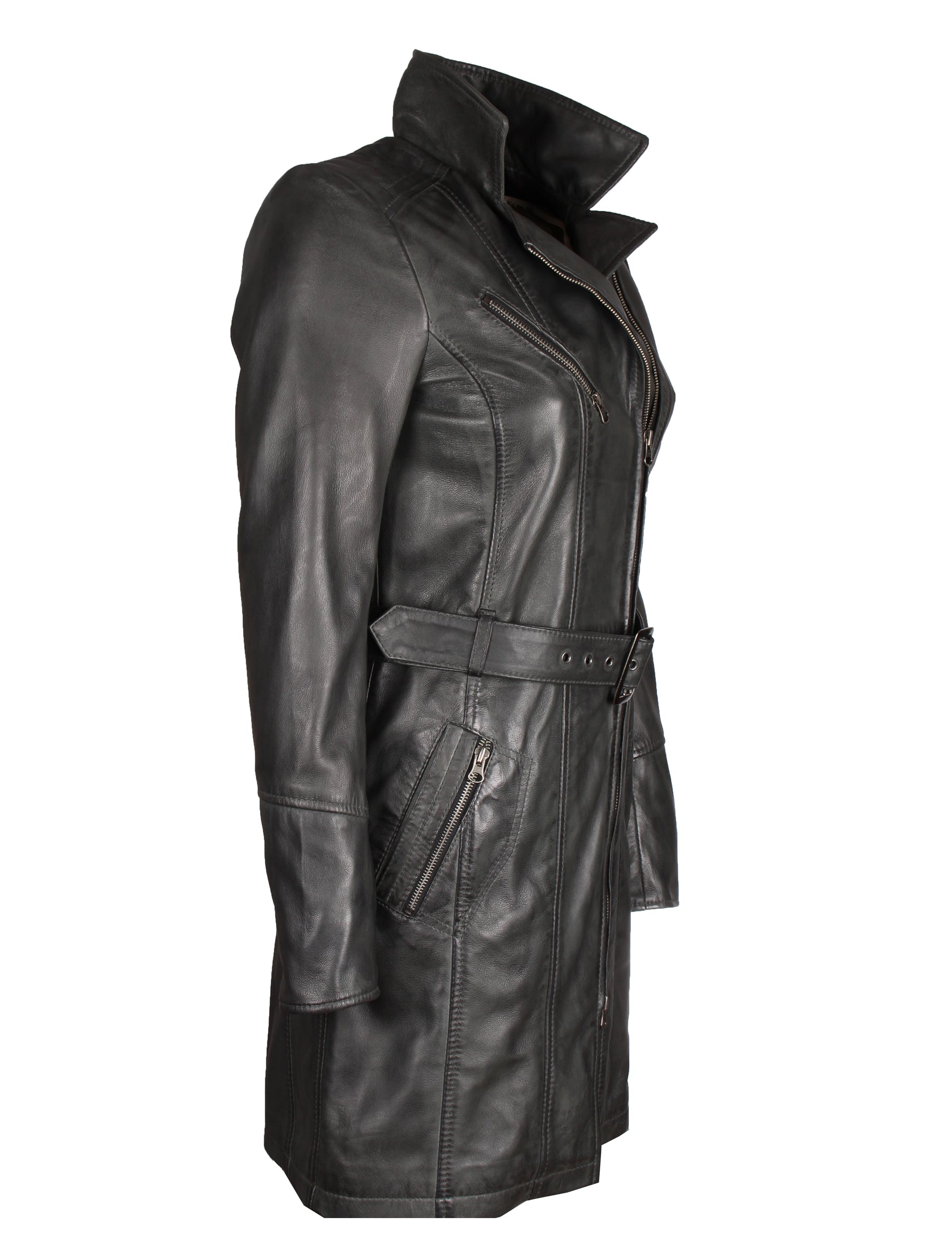 Damen Ledermantel mit Gürtel aus Lammleder von MDK - Huma in lenny grey