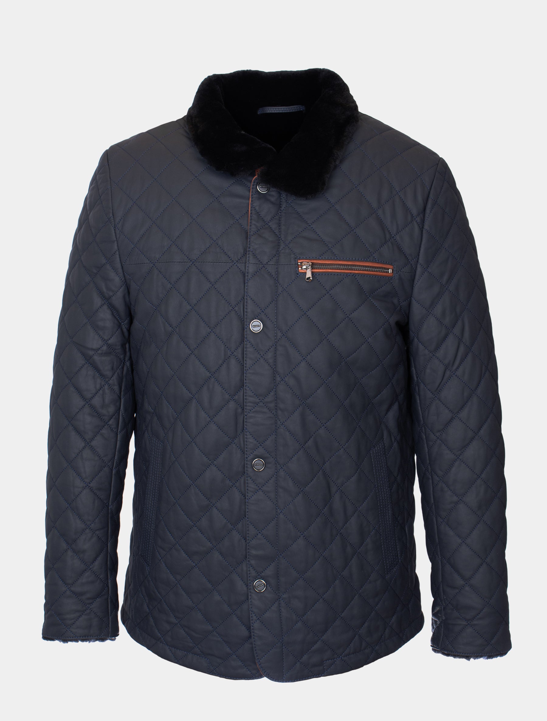 Gesteppte Winter Herren Lederjacke Steppjacke mit Lammfell gefüttert - Leno Lammfell in dunkelblau braun
