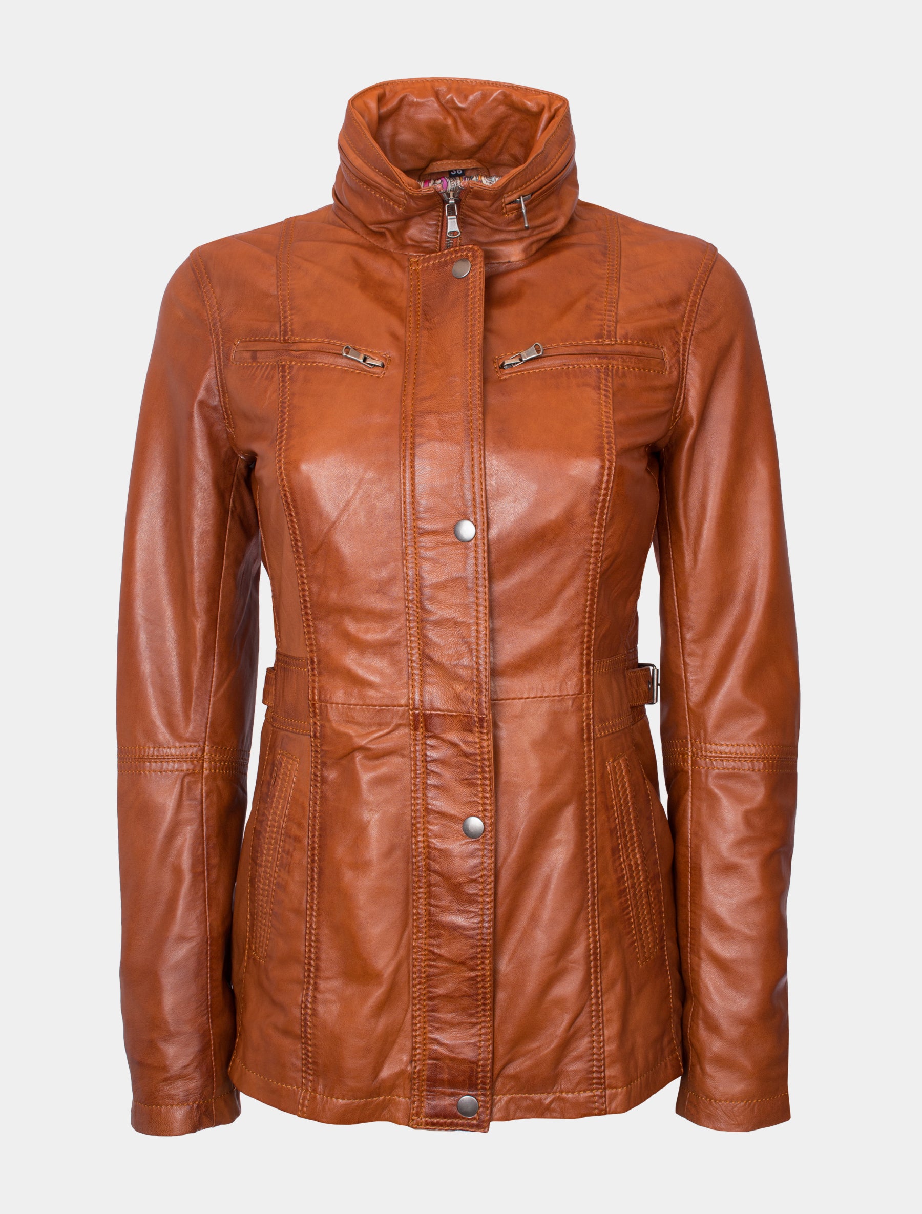 Lange Damen Lederjacke aus weichem Sheep Nappa - Angel in cognac