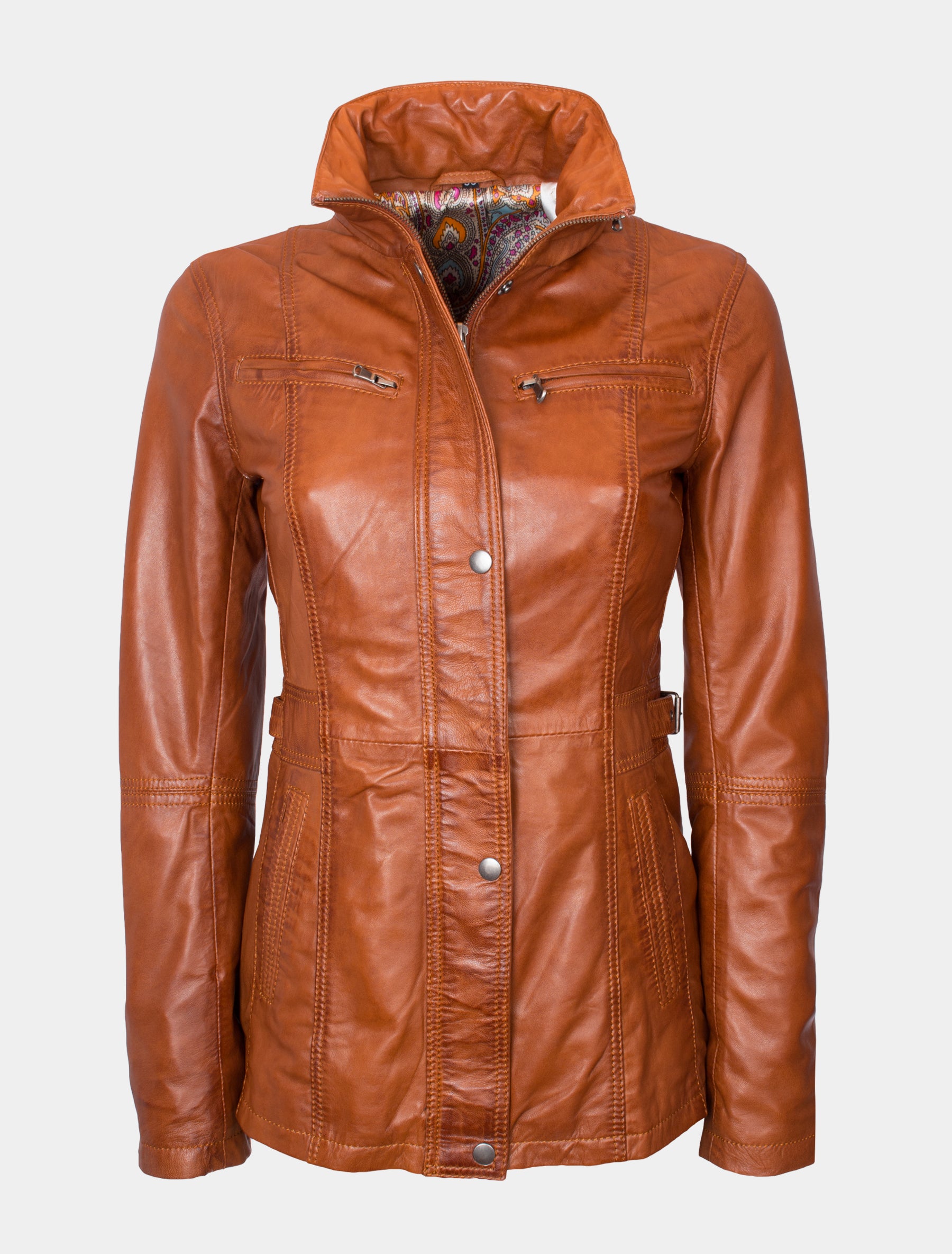 Lange Damen Lederjacke aus weichem Sheep Nappa - Angel in cognac