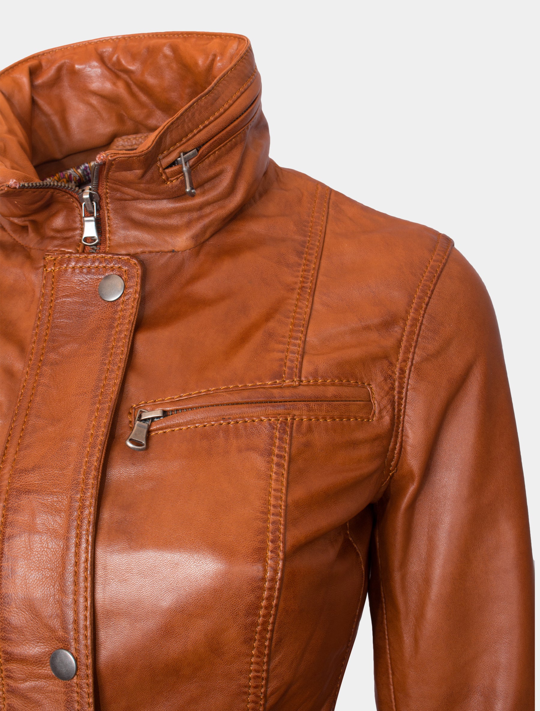 Lange Damen Lederjacke aus weichem Sheep Nappa - Angel in cognac