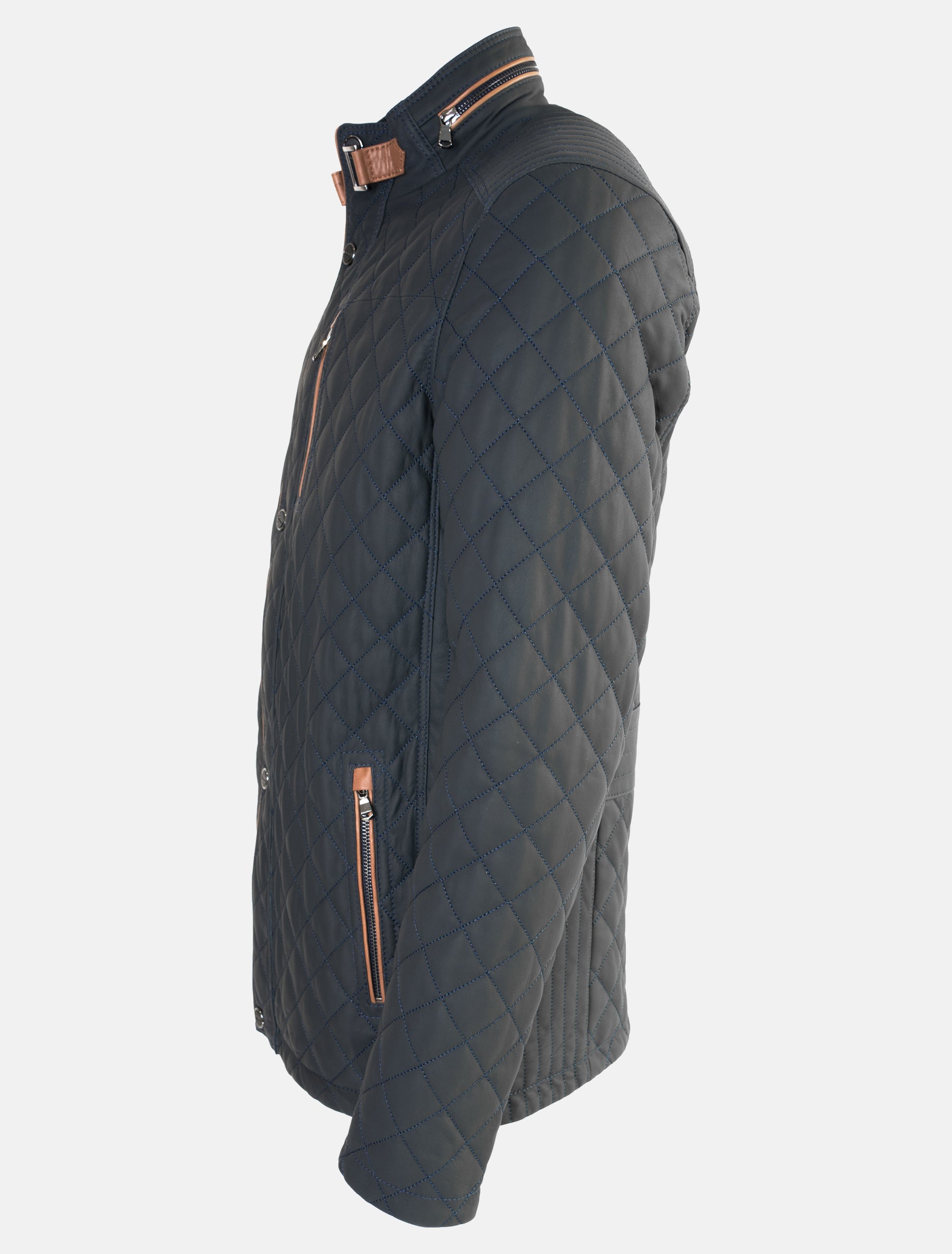 Gesteppte Herren lang Lederjacke in Sakko Länge - Apollo in dunkelblau braun