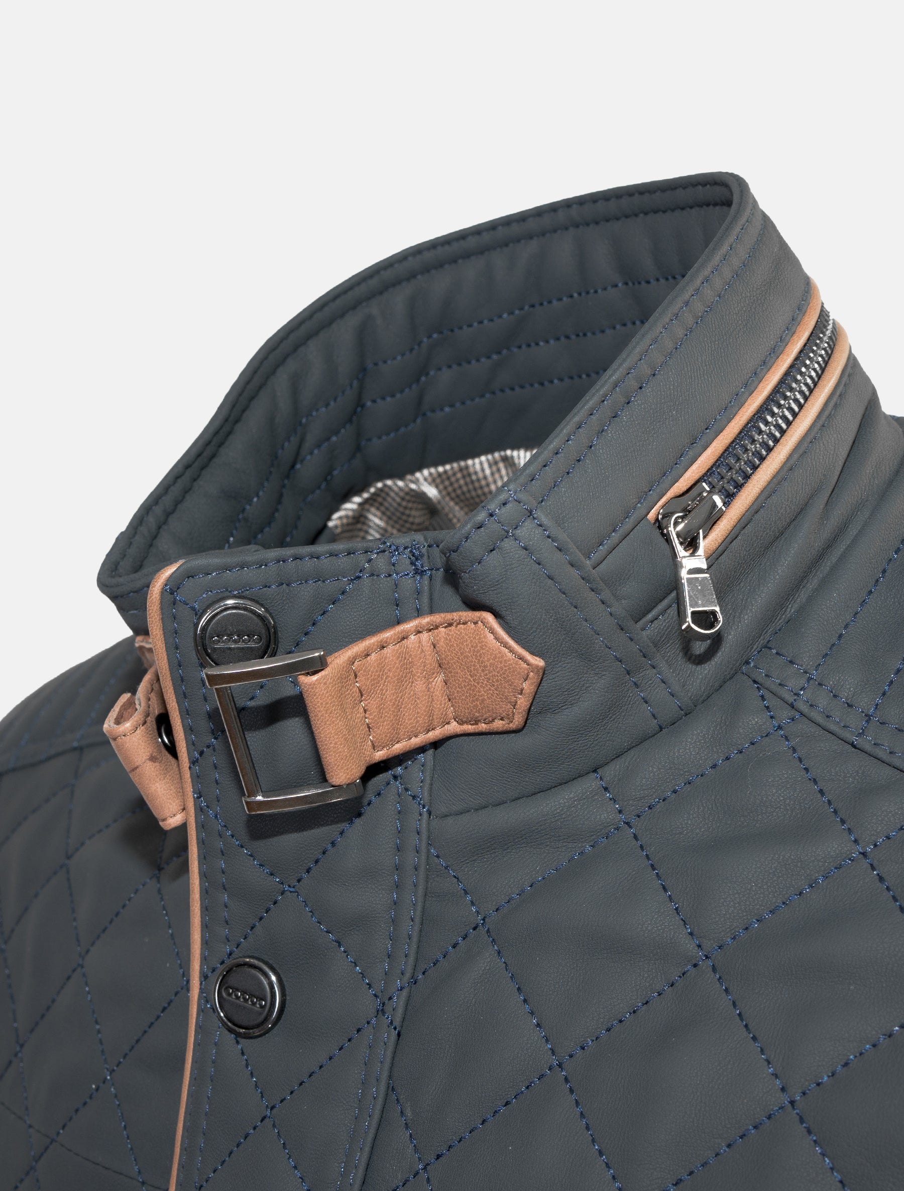 Gesteppte Herren lang Lederjacke in Sakko Länge - Apollo in dunkelblau braun