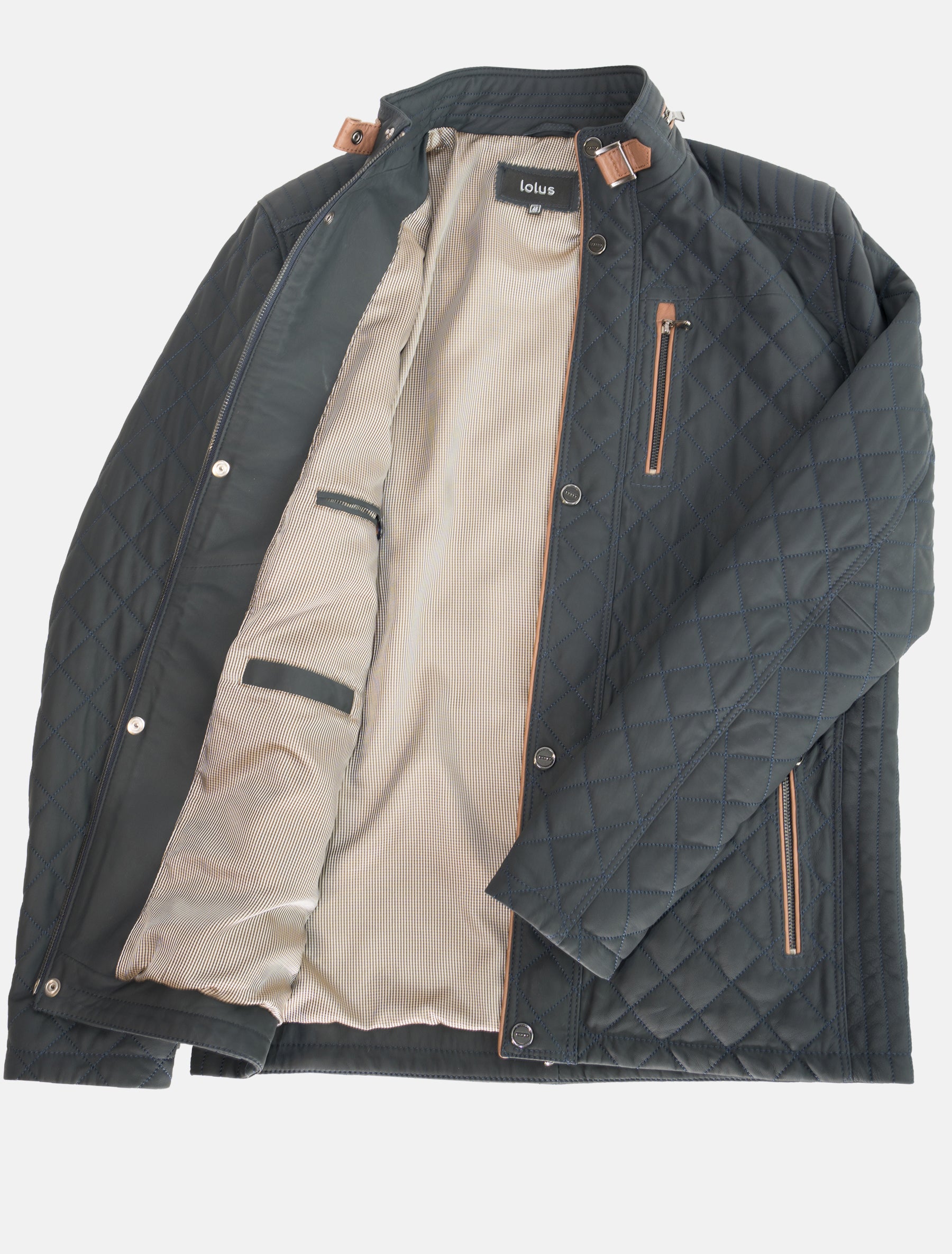 Gesteppte Herren lang Lederjacke in Sakko Länge - Apollo in dunkelblau braun