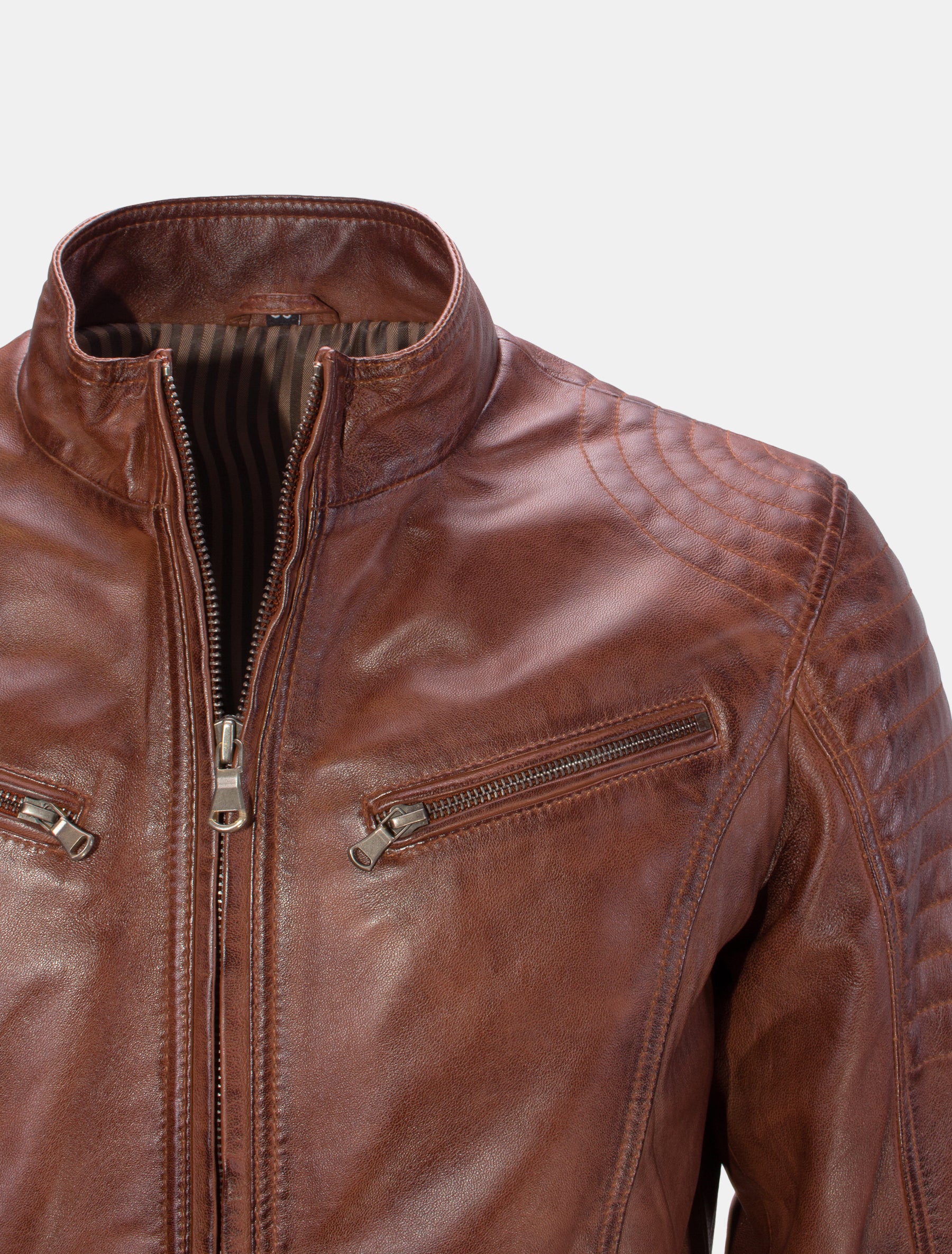 Herren Bikerjacke Lederjacke mit Steppung an Schulter und Oberarm - Bill in mocca
