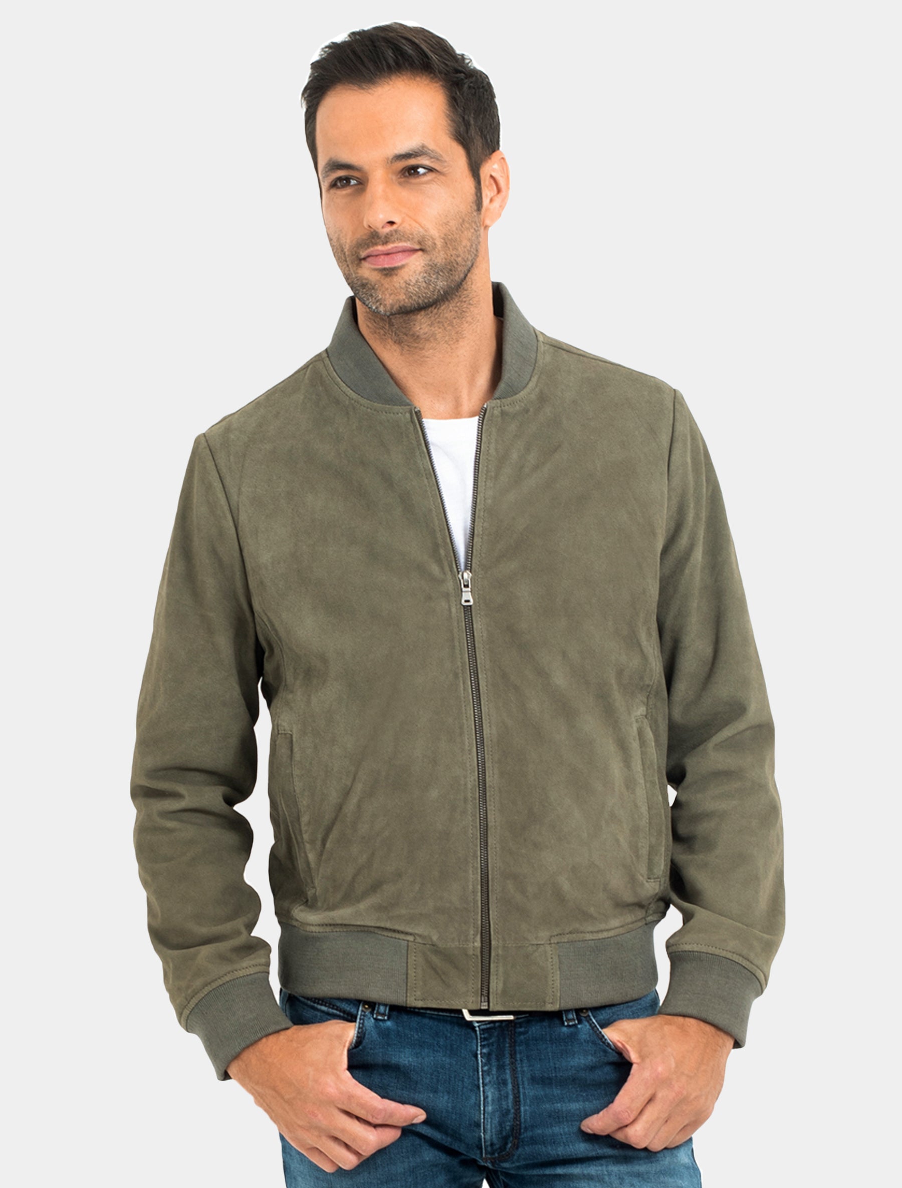 Kurze und sportliche Herren Lederjacke Blouson aus Velours Leder - Coronel in khaki sand