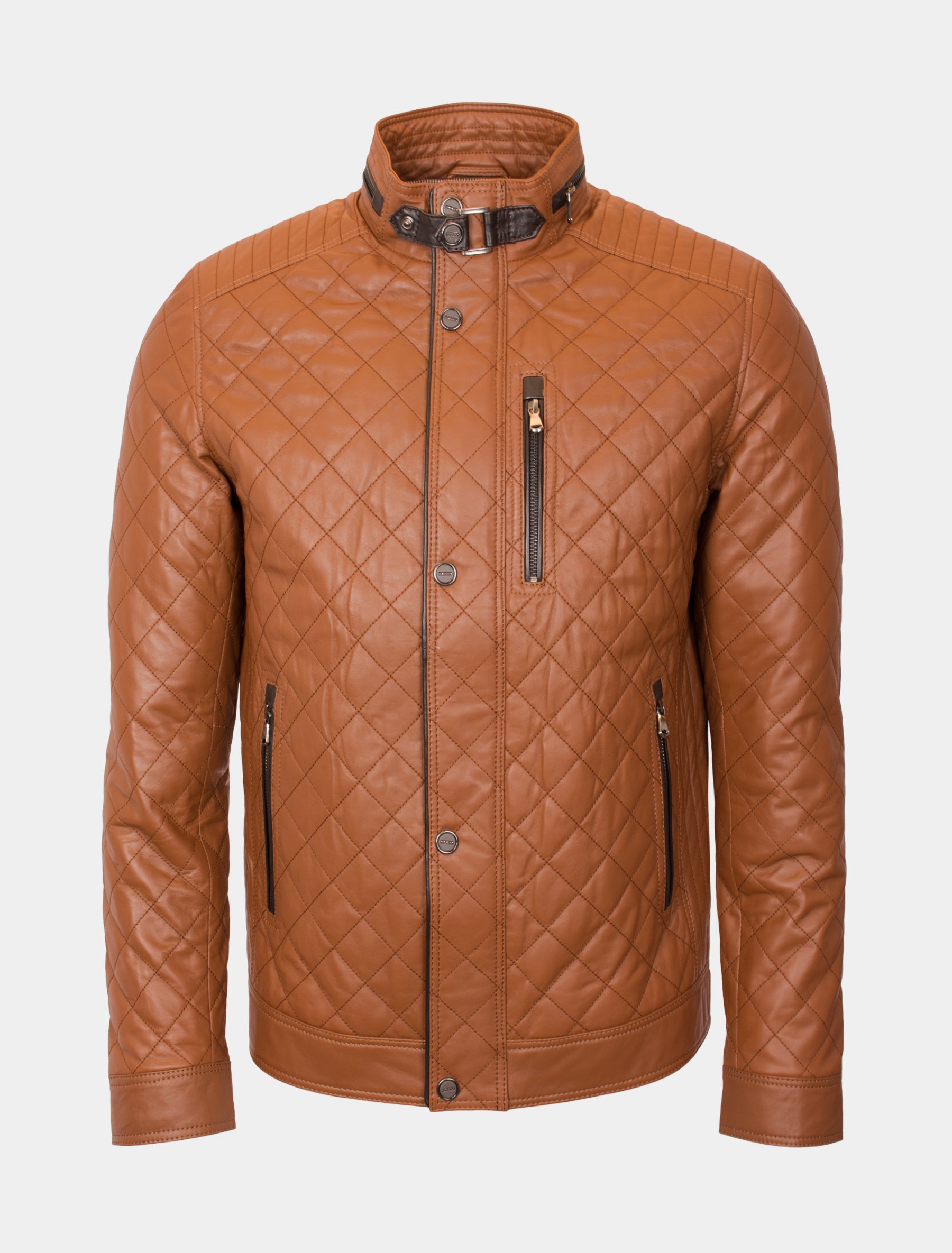 Sportliche und feine Herren Steppjacke aus Lammnappa Leder - Jack in cognac dunkelbraun