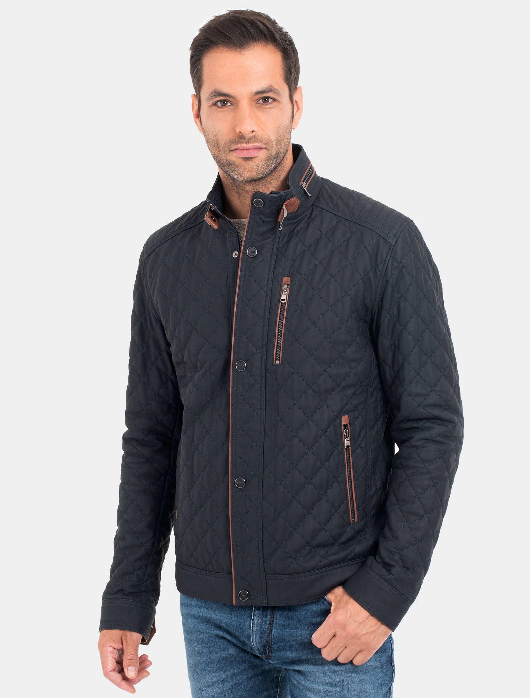 Sportliche und feine Herren Steppjacke aus Lammnappa Leder - Jack in dunkelblau braun