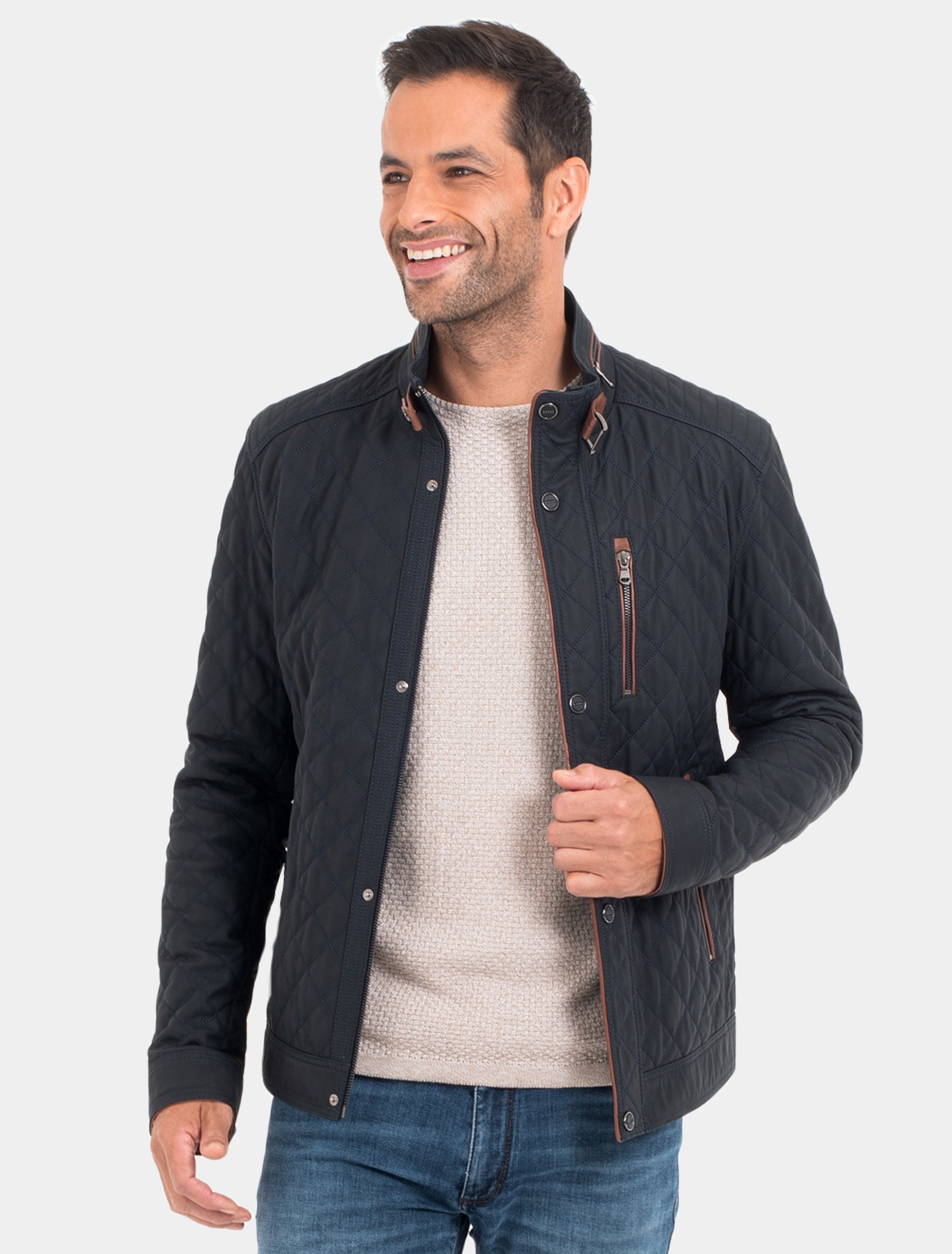 Sportliche und feine Herren Steppjacke aus Lammnappa Leder - Jack in dunkelblau braun