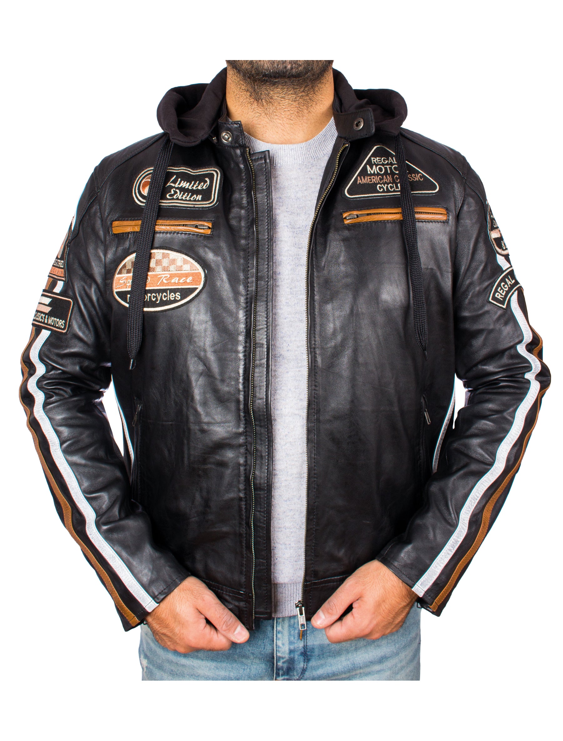 Herren Bikerjacke Motorradjacke aus Echtleder mit Aufnäher und Streifen - Jimmy