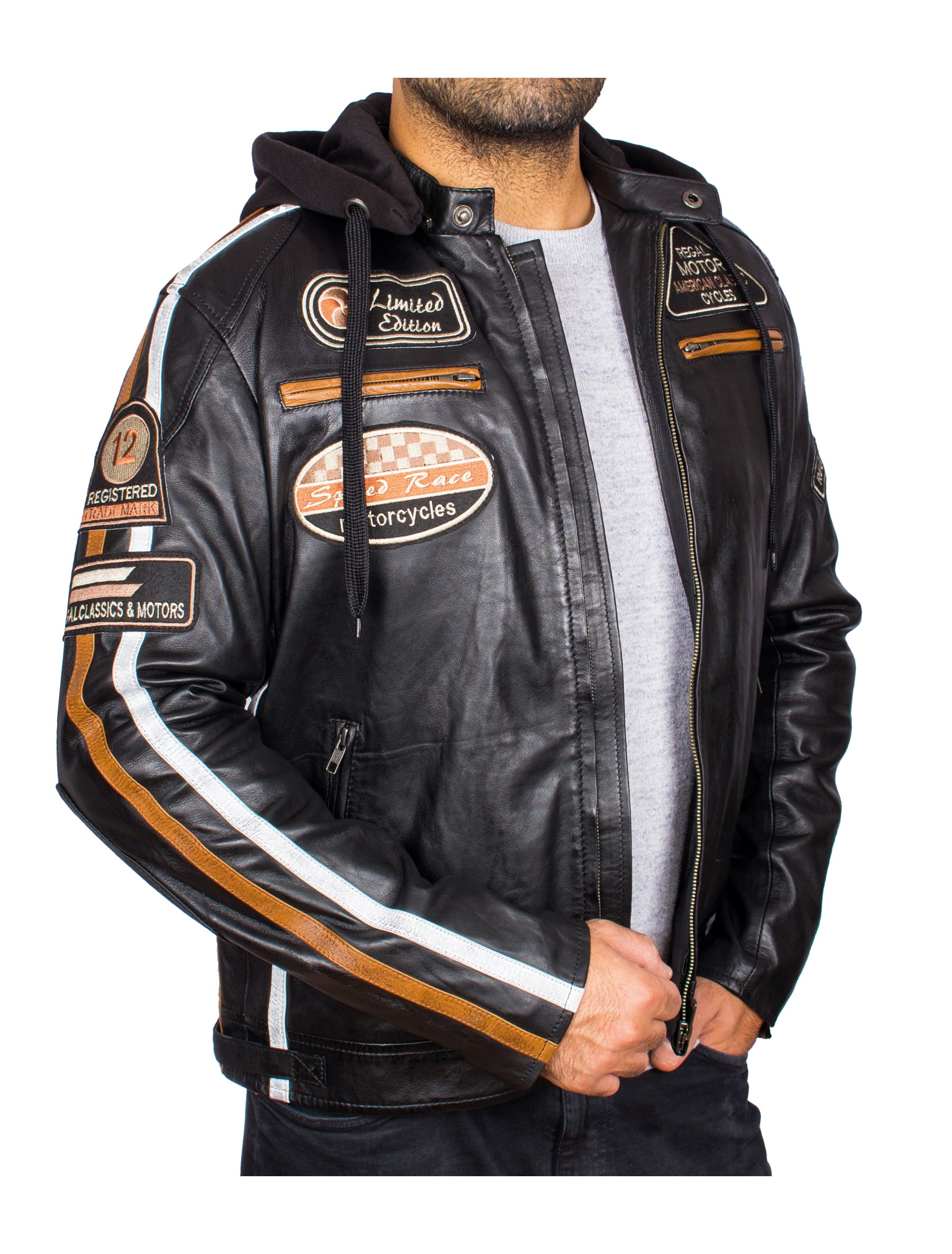 Herren Bikerjacke Motorradjacke aus Echtleder mit Aufnäher und Streifen - Jimmy