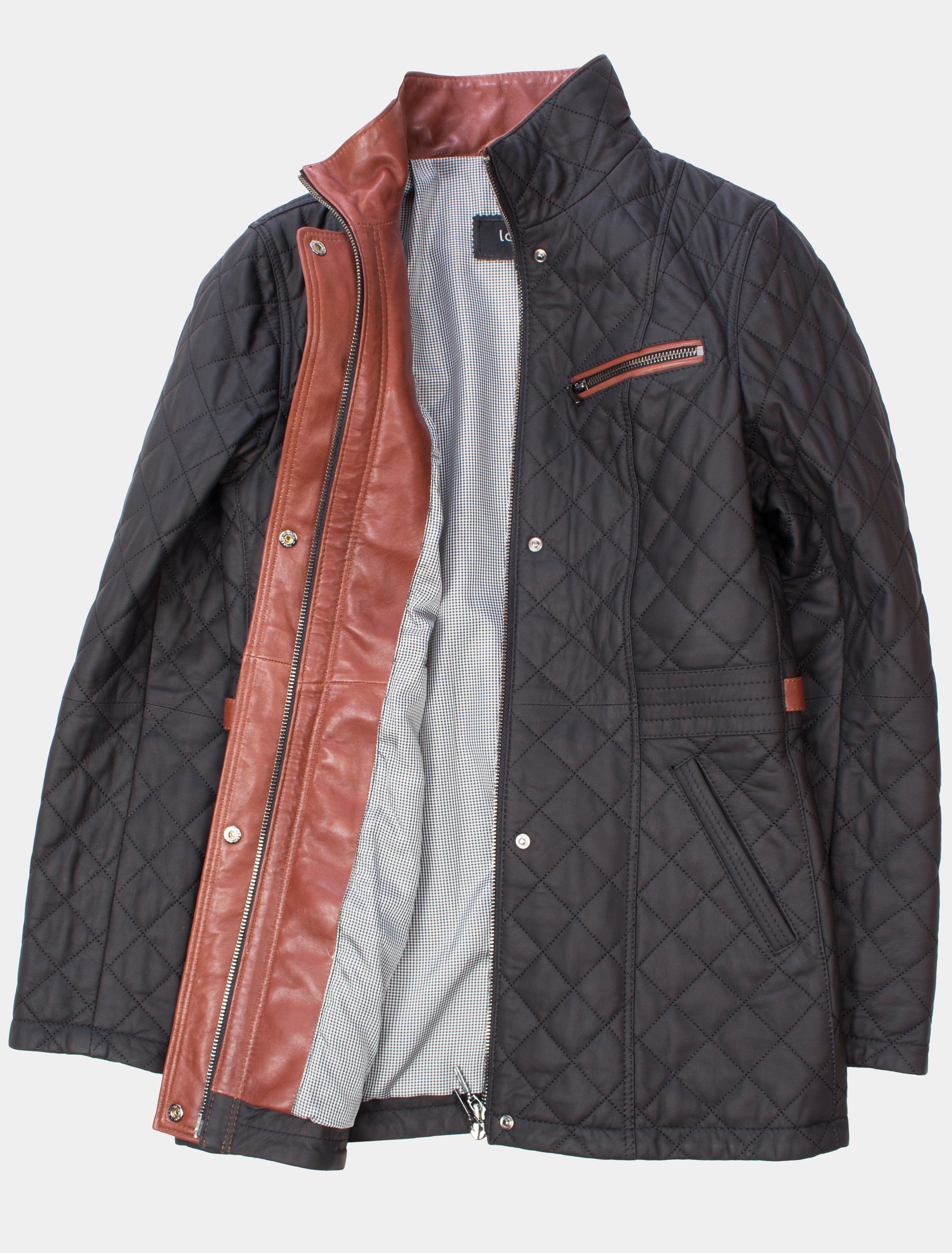 Lange und elegante Damen Lederjacke mit feiner Steppung - Juna in schwarz braun