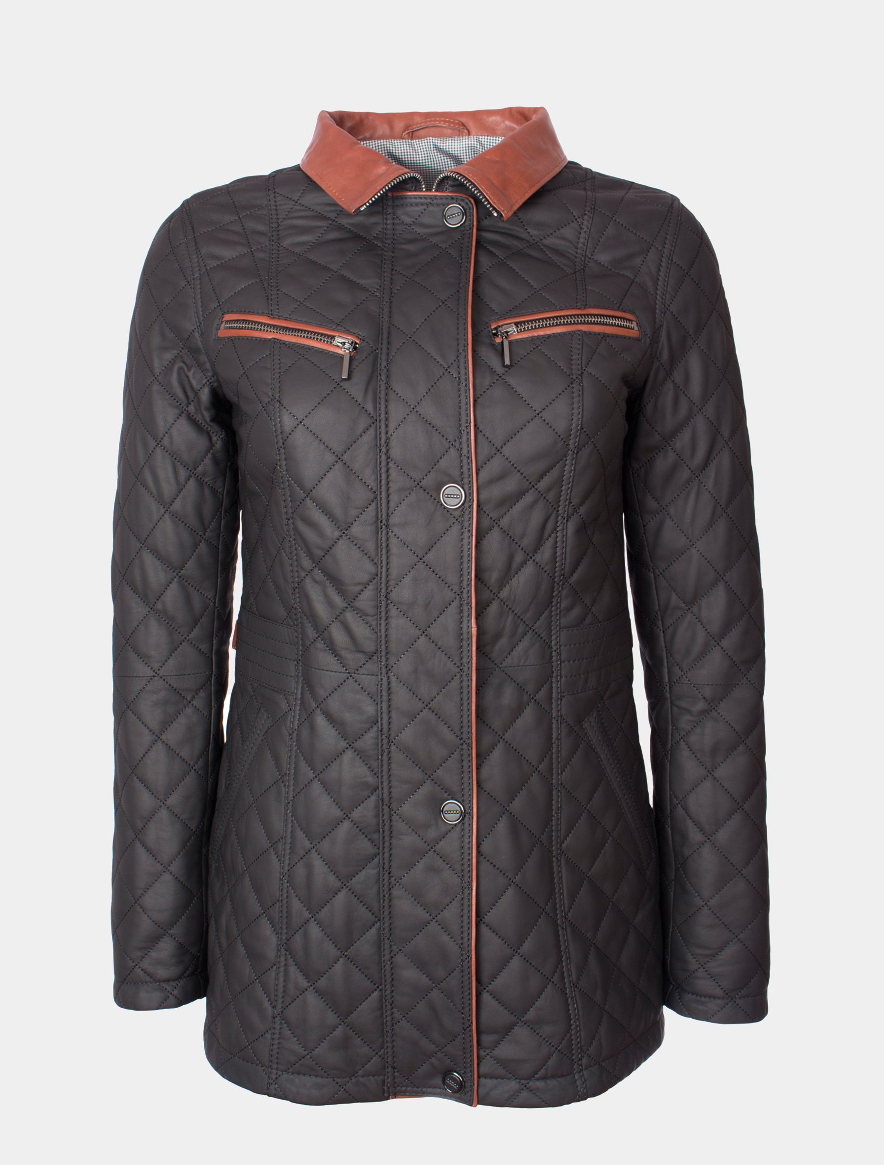 Lange und elegante Damen Lederjacke mit feiner Steppung - Juna in schwarz braun