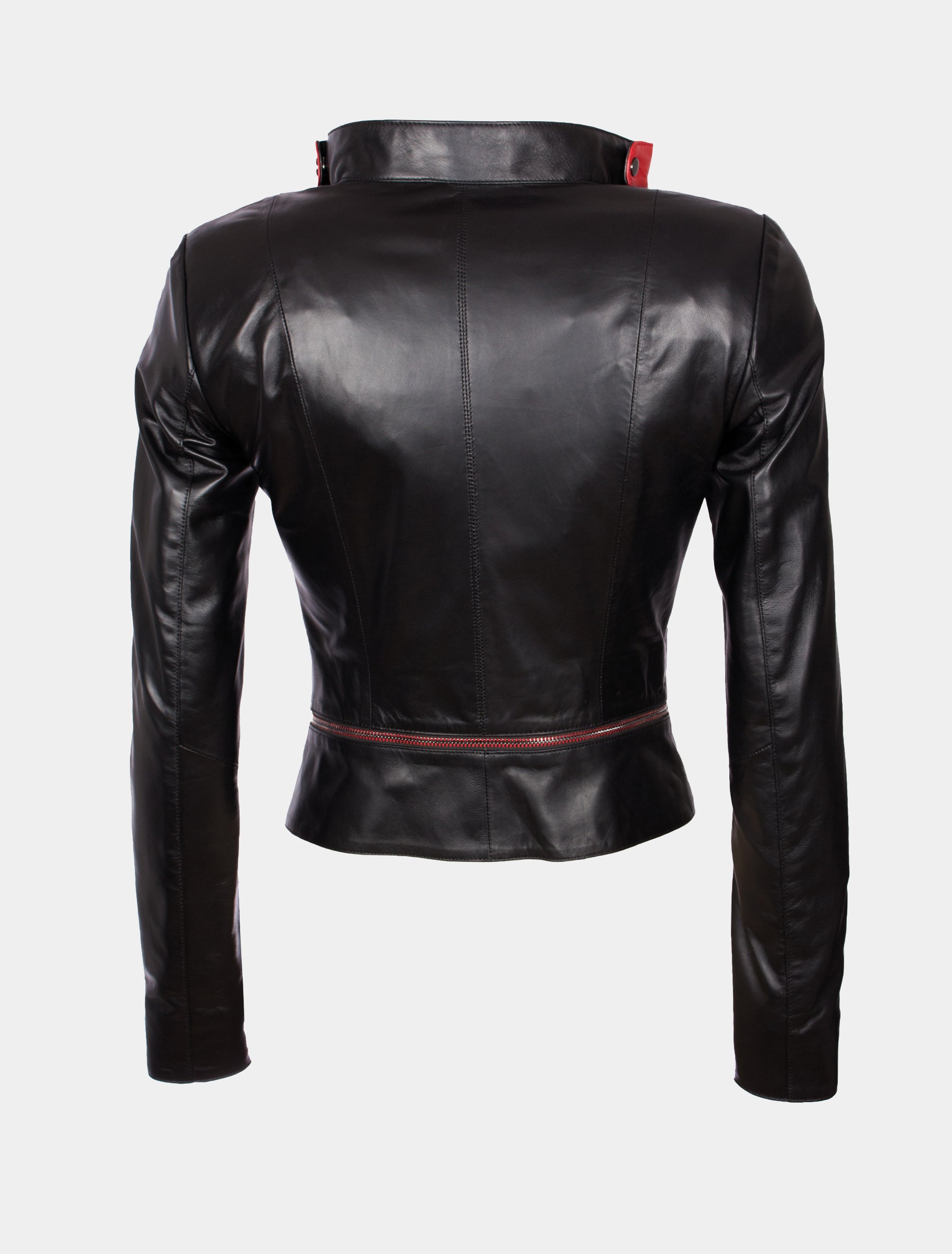 Kurze Damen Lederjacke mit roten Reißverschlüssen - Liya in schwarz / rot