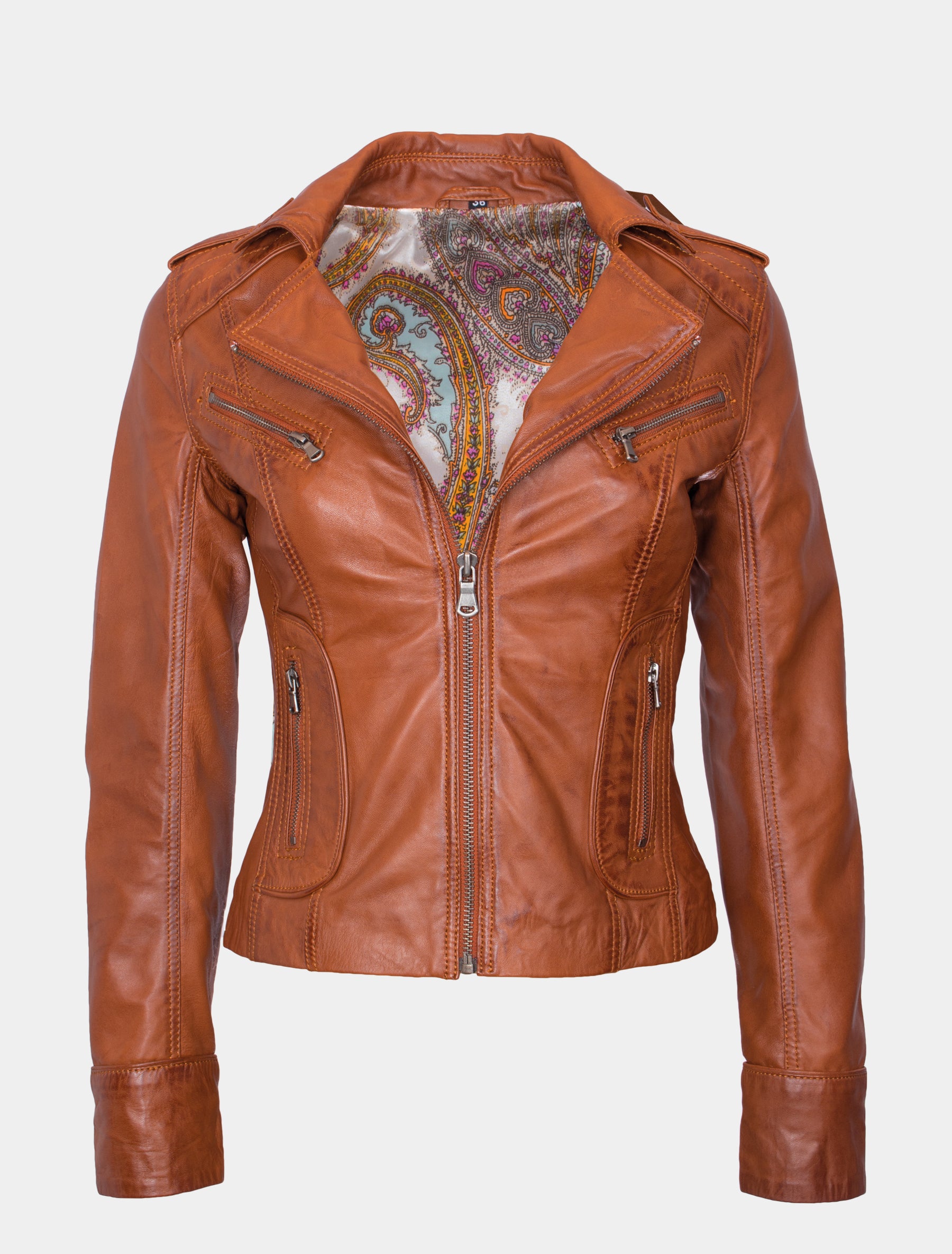 Damen Biker Lederjacke mit Reverskragen - Mariah in cognac