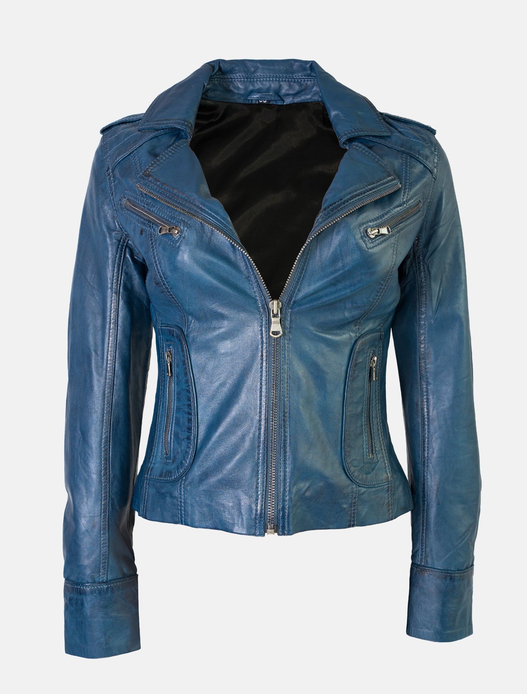 Damen Biker Lederjacke mit Reverskragen - Mariah in royalblau