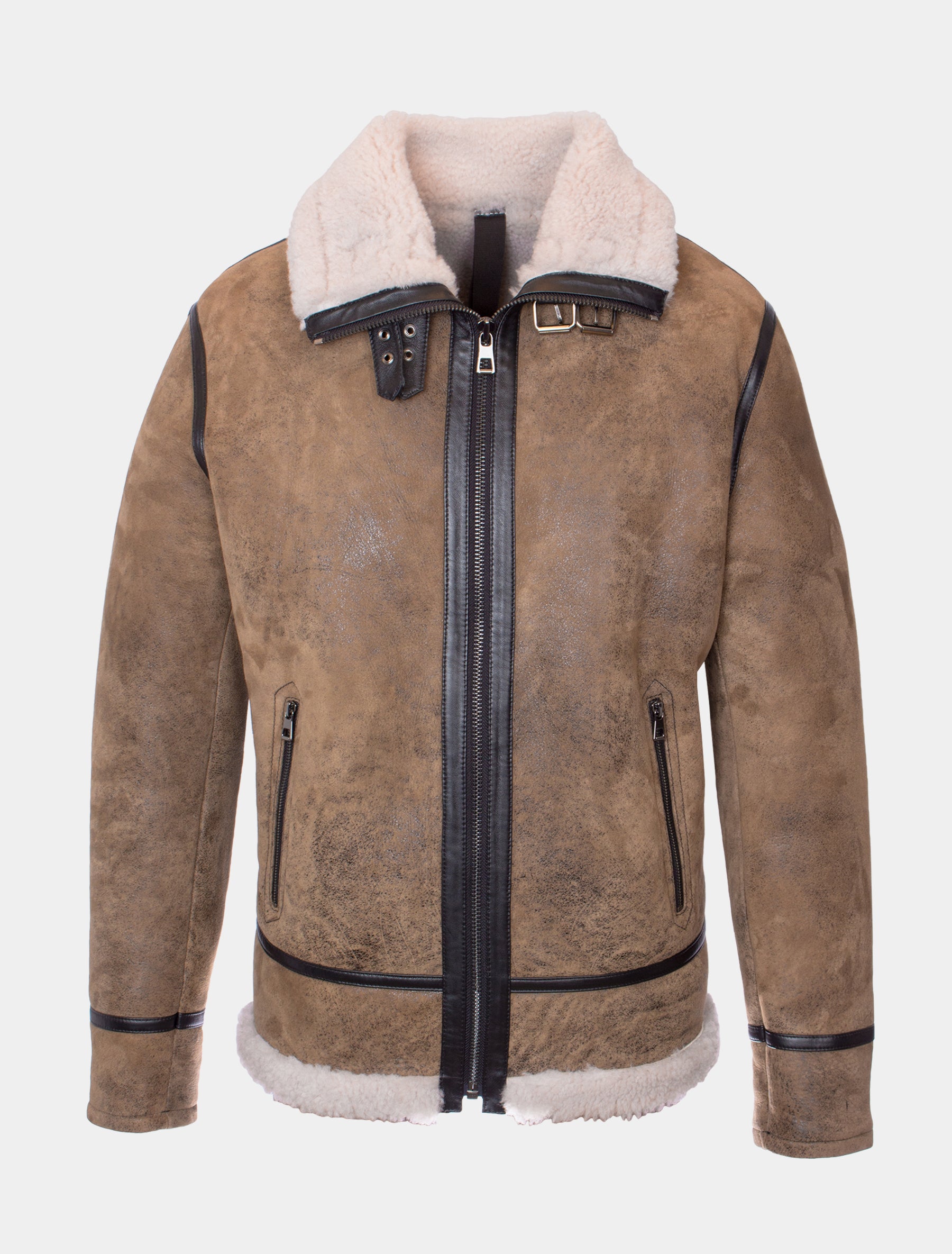 Moderne Herren Lammfelljacke mit Riegel am Kragen - Maximilyano in antik beige