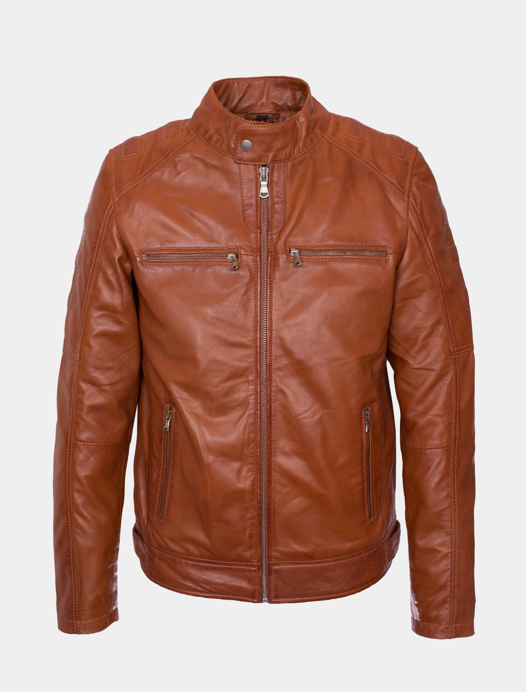 Herren Biker Lederjacke mit Stehkragen und Brusttaschen - Samu in cognac