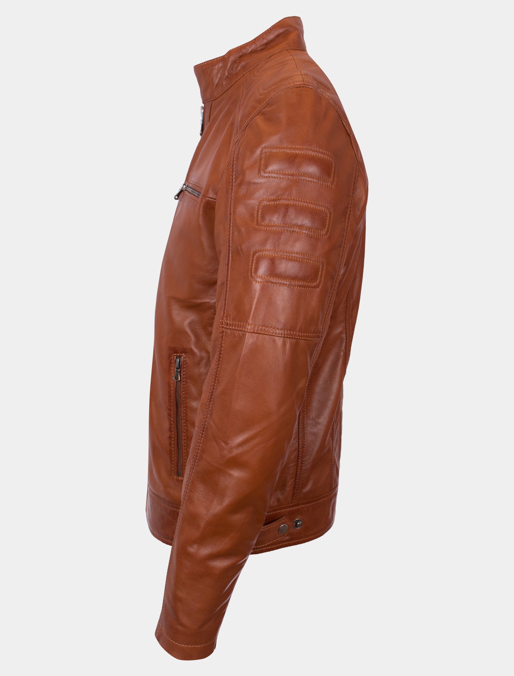 Herren Biker Lederjacke mit Stehkragen und Brusttaschen - Samu in cognac