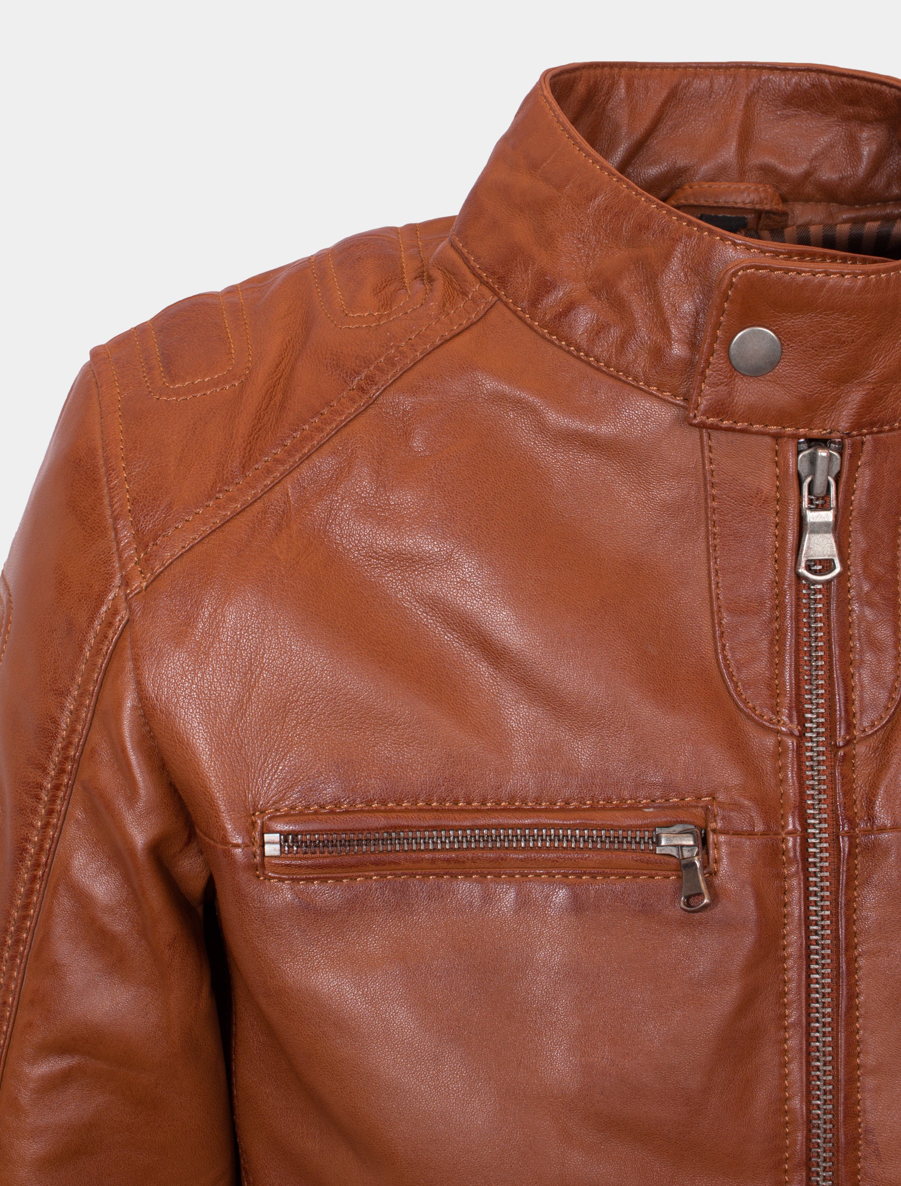 Herren Biker Lederjacke mit Stehkragen und Brusttaschen - Samu in cognac