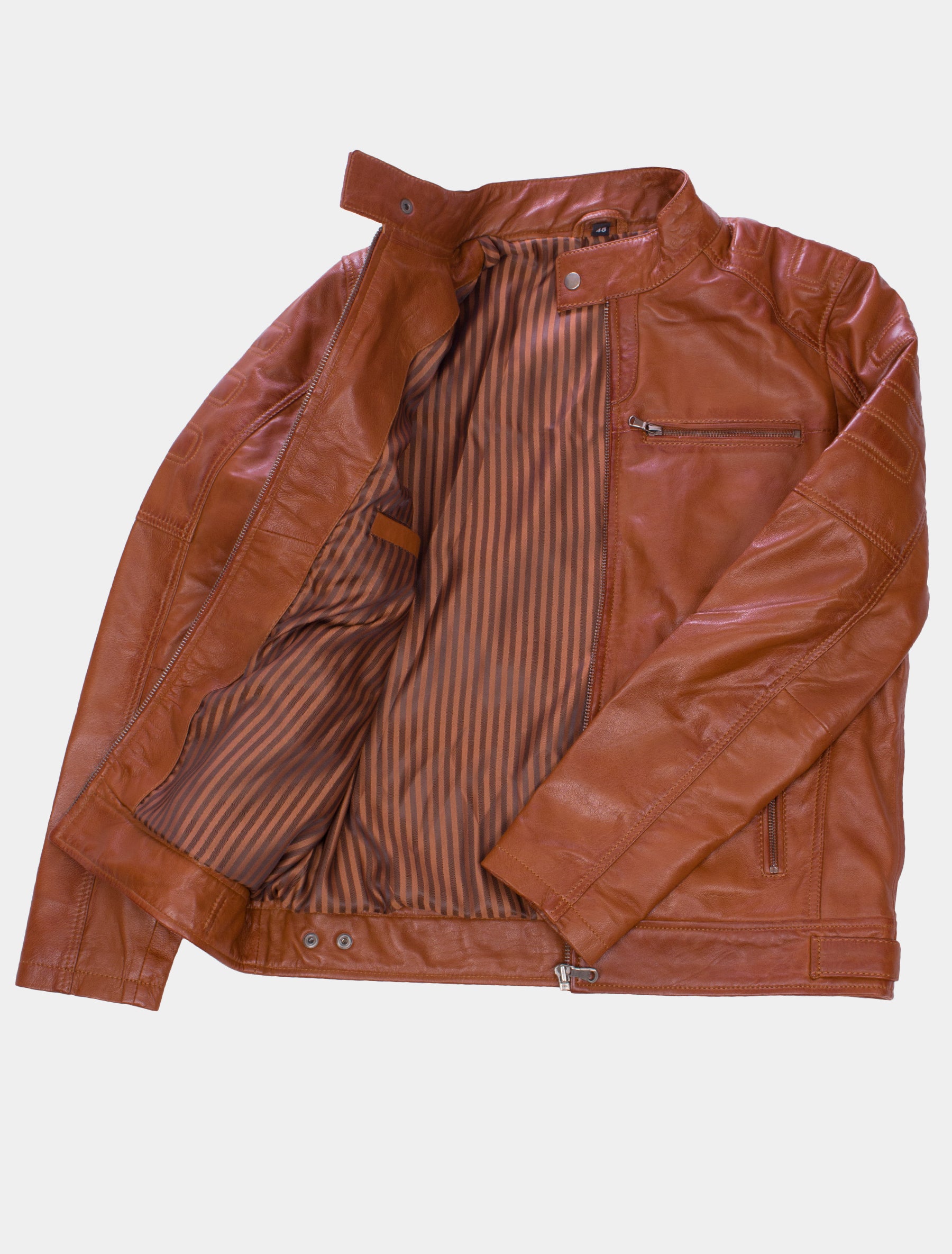 Herren Biker Lederjacke mit Stehkragen und Brusttaschen - Samu in cognac
