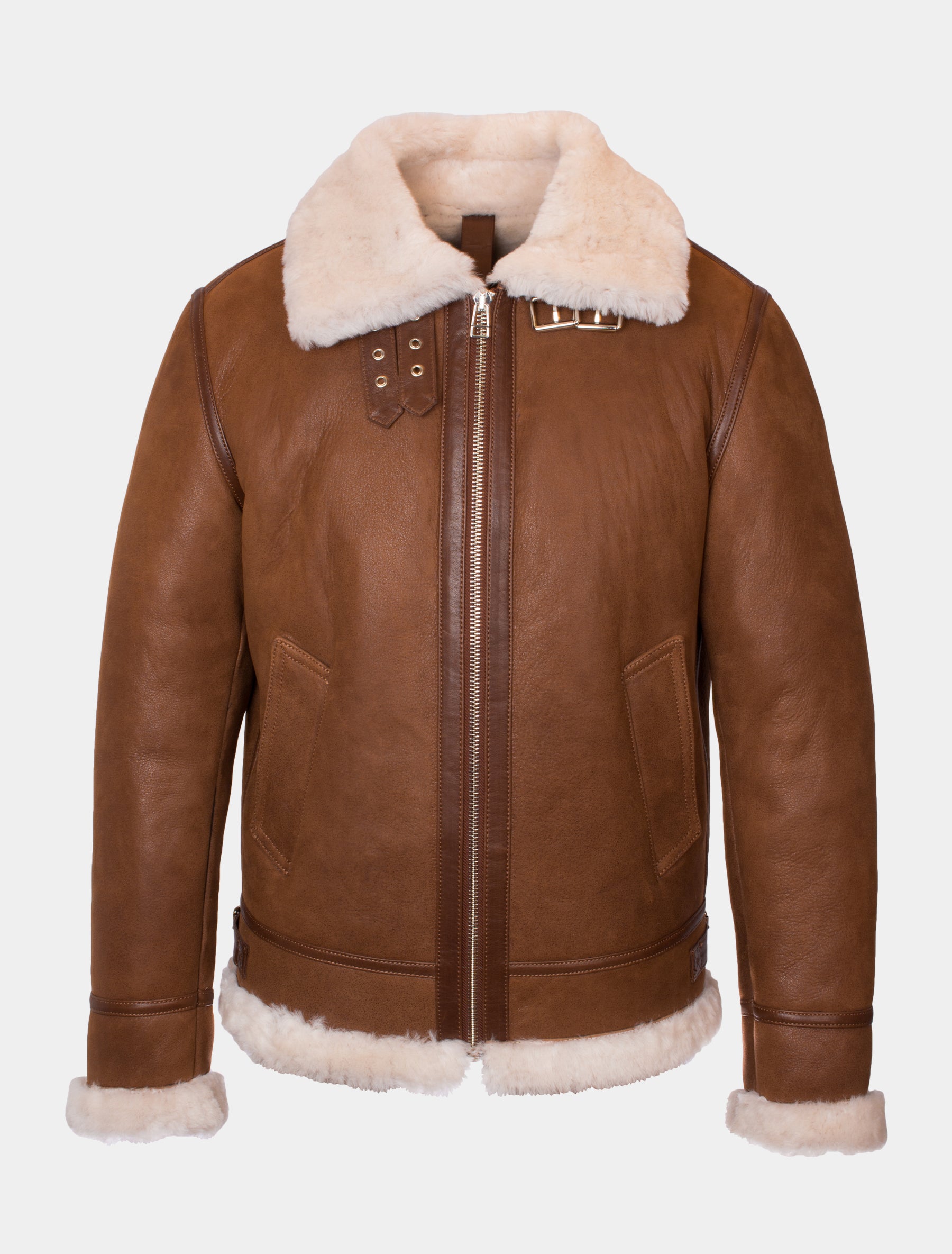 Herren Lammfelljacke mit hellem Lammfell - Vonrock in cognac