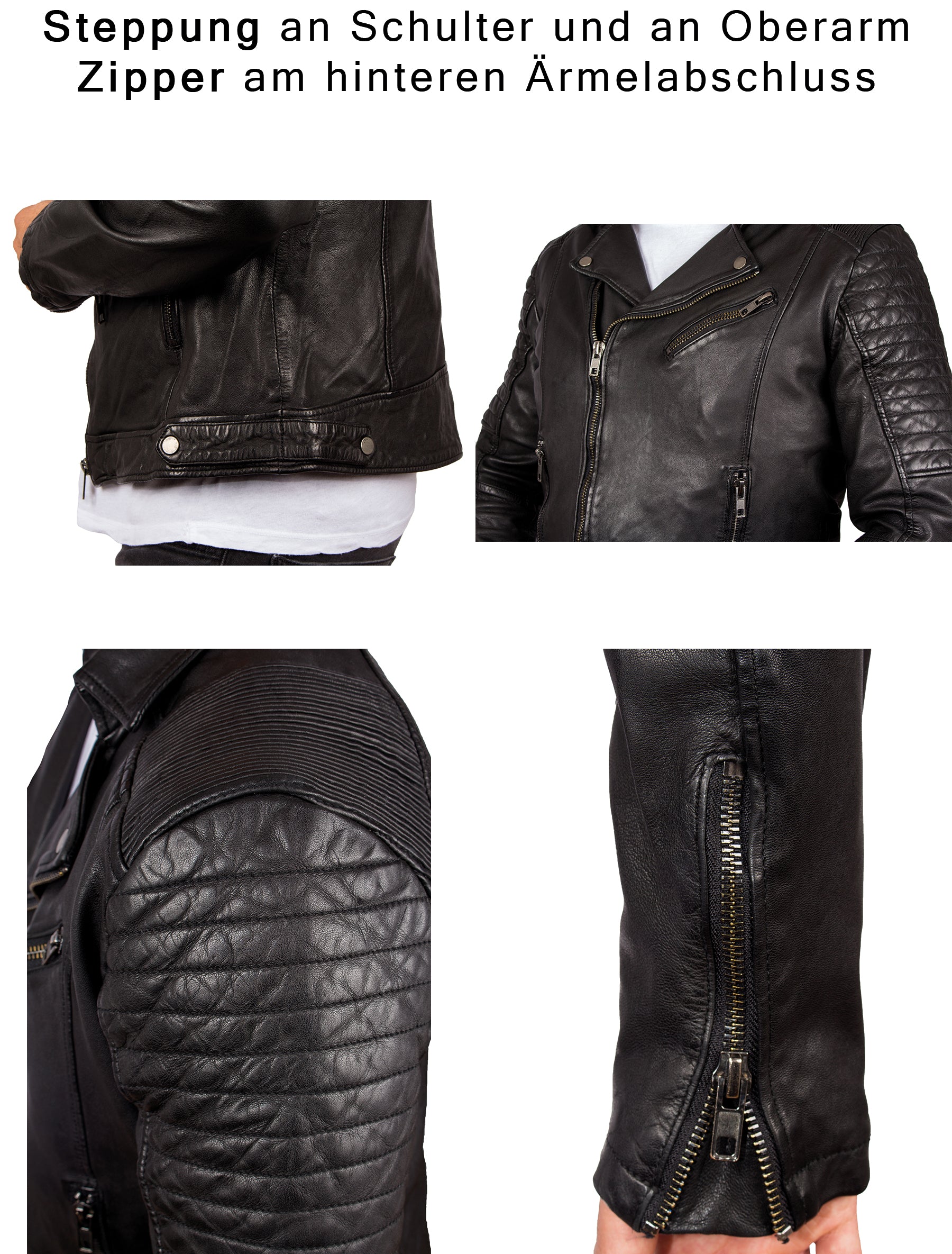 Herren Bikerjacke Lederjacke aus gewaschenem Leder von Lolus - Cozi in schwarz