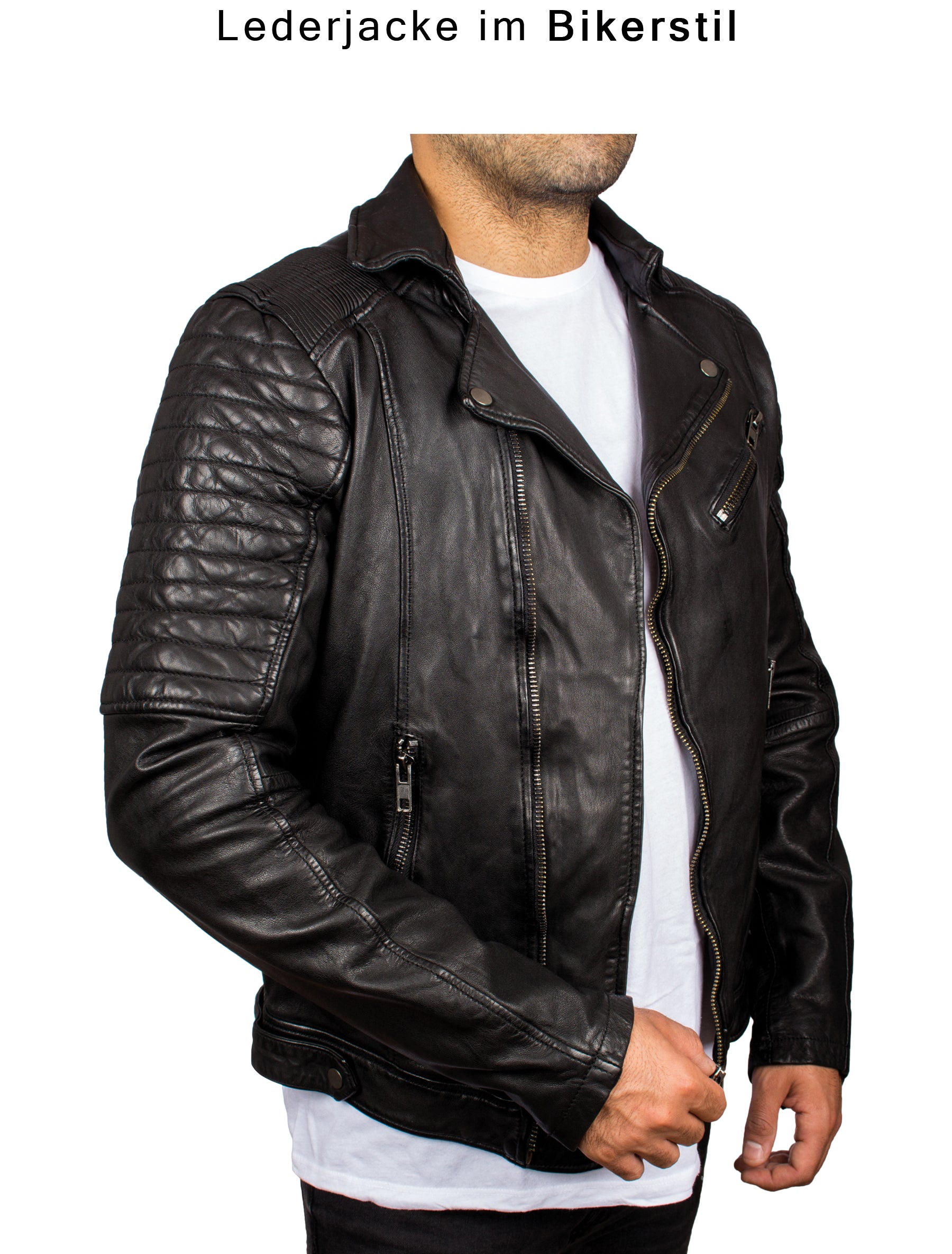 Herren Bikerjacke Lederjacke aus gewaschenem Leder von Lolus - Cozi in schwarz