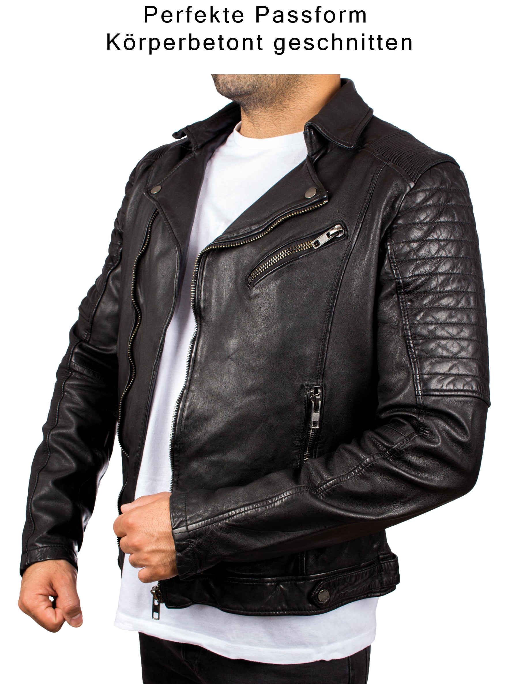 Herren Bikerjacke Lederjacke aus gewaschenem Leder von Lolus - Cozi in schwarz