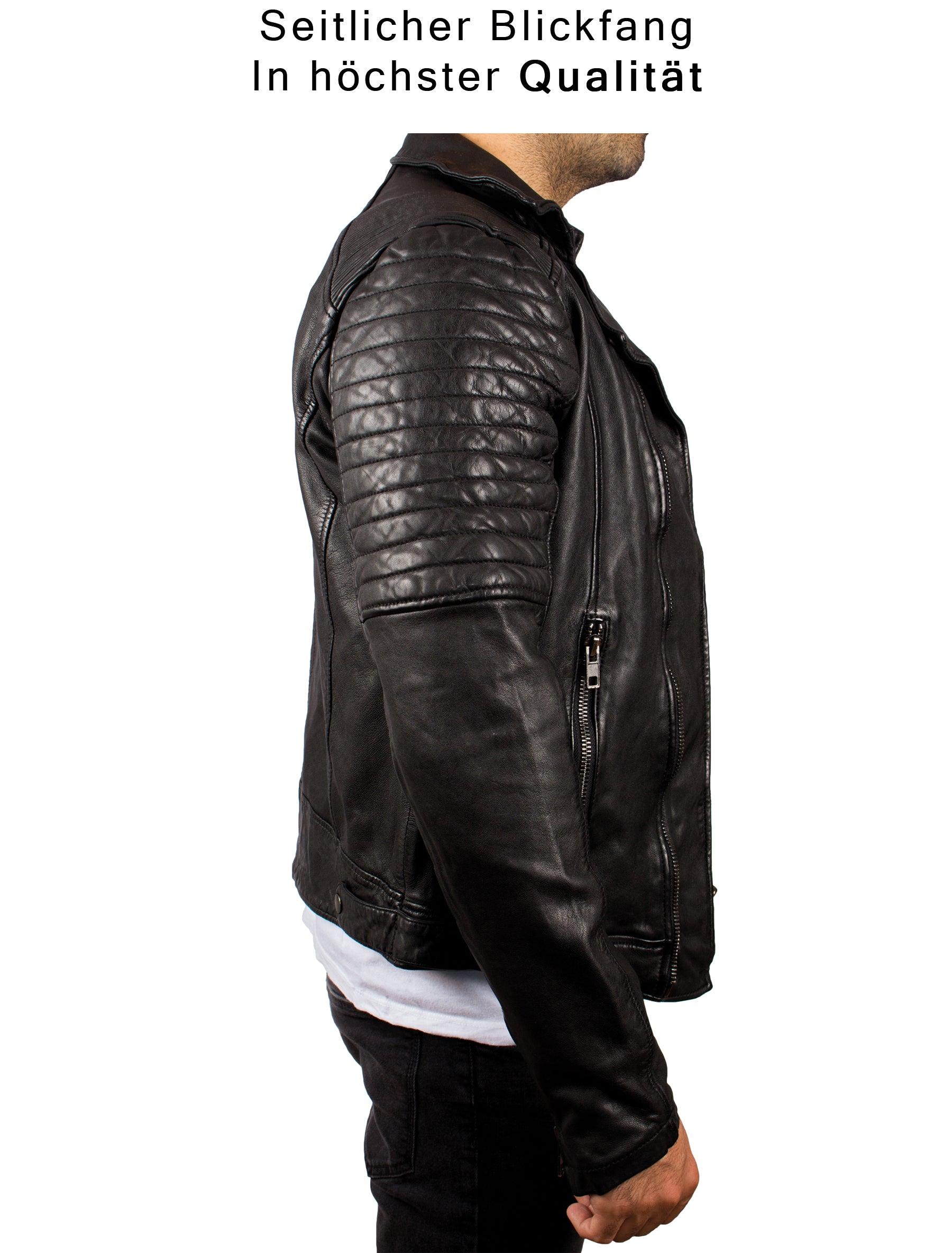 Herren Bikerjacke Lederjacke aus gewaschenem Leder von Lolus - Cozi in schwarz