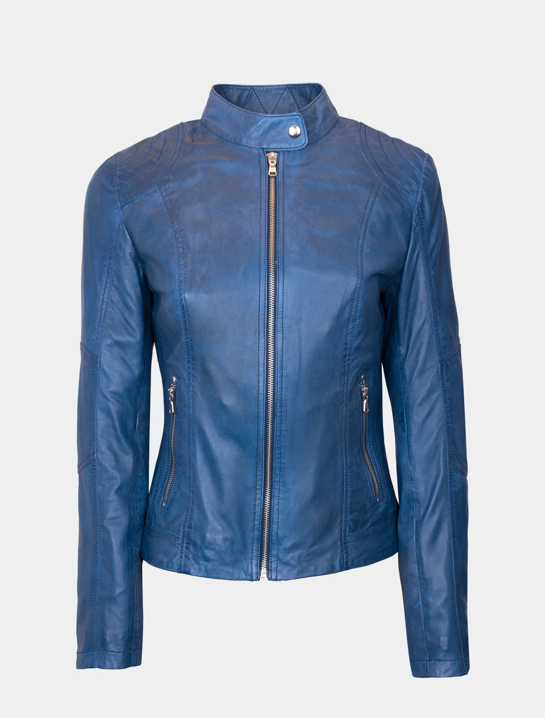 Sportliche Damen Lederjacke im Bikerstil mit Stehkragen - Jecki in royal blau