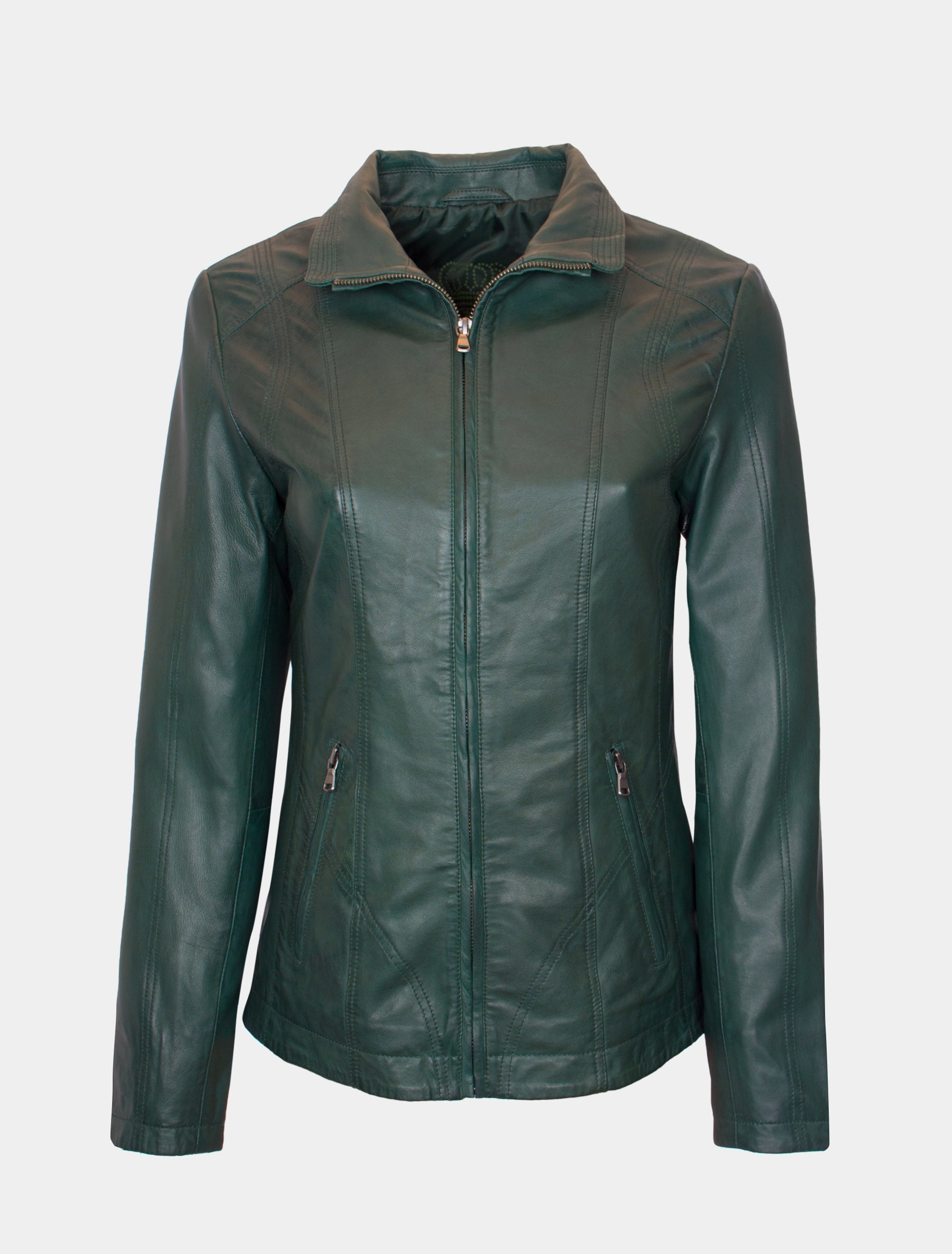 Klassische, mittellange Damen Lederjacke - Paulina in bottle green