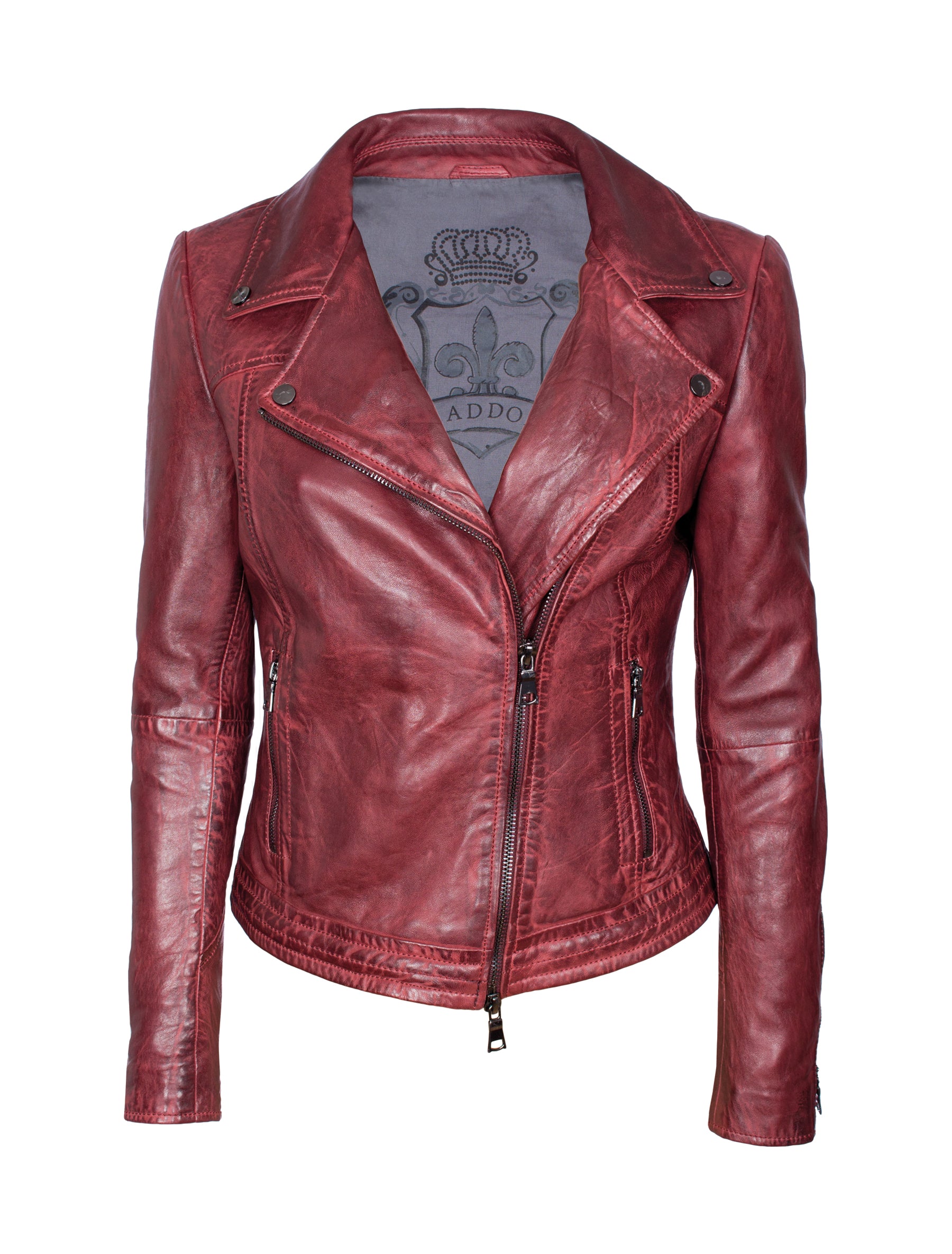 Damen Lederjacke Bikerjacke mit Umlegekragen und gunmetal Reißverschlüssen - Tiffany in oxblood