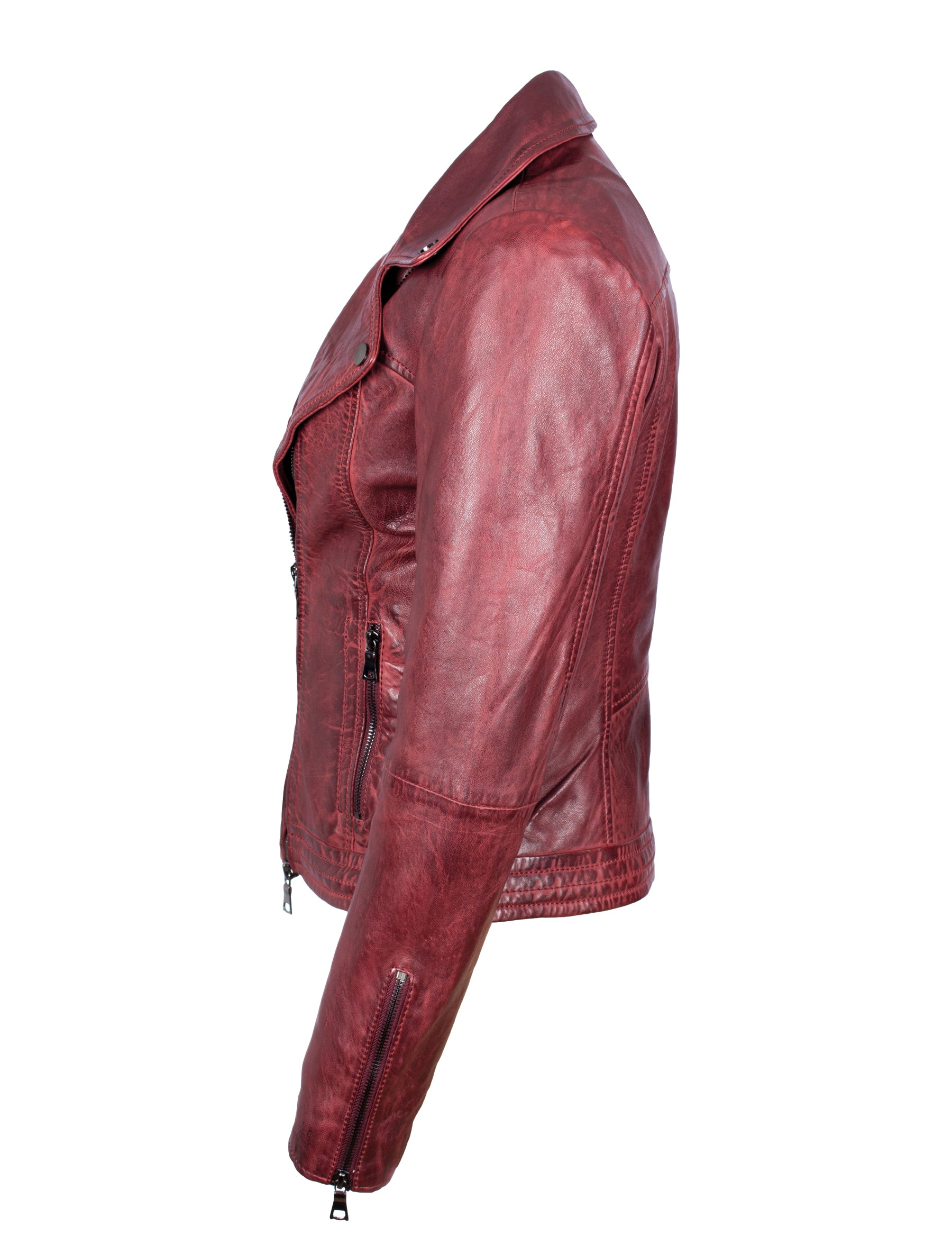 Damen Lederjacke Bikerjacke mit Umlegekragen und gunmetal Reißverschlüssen - Tiffany in oxblood