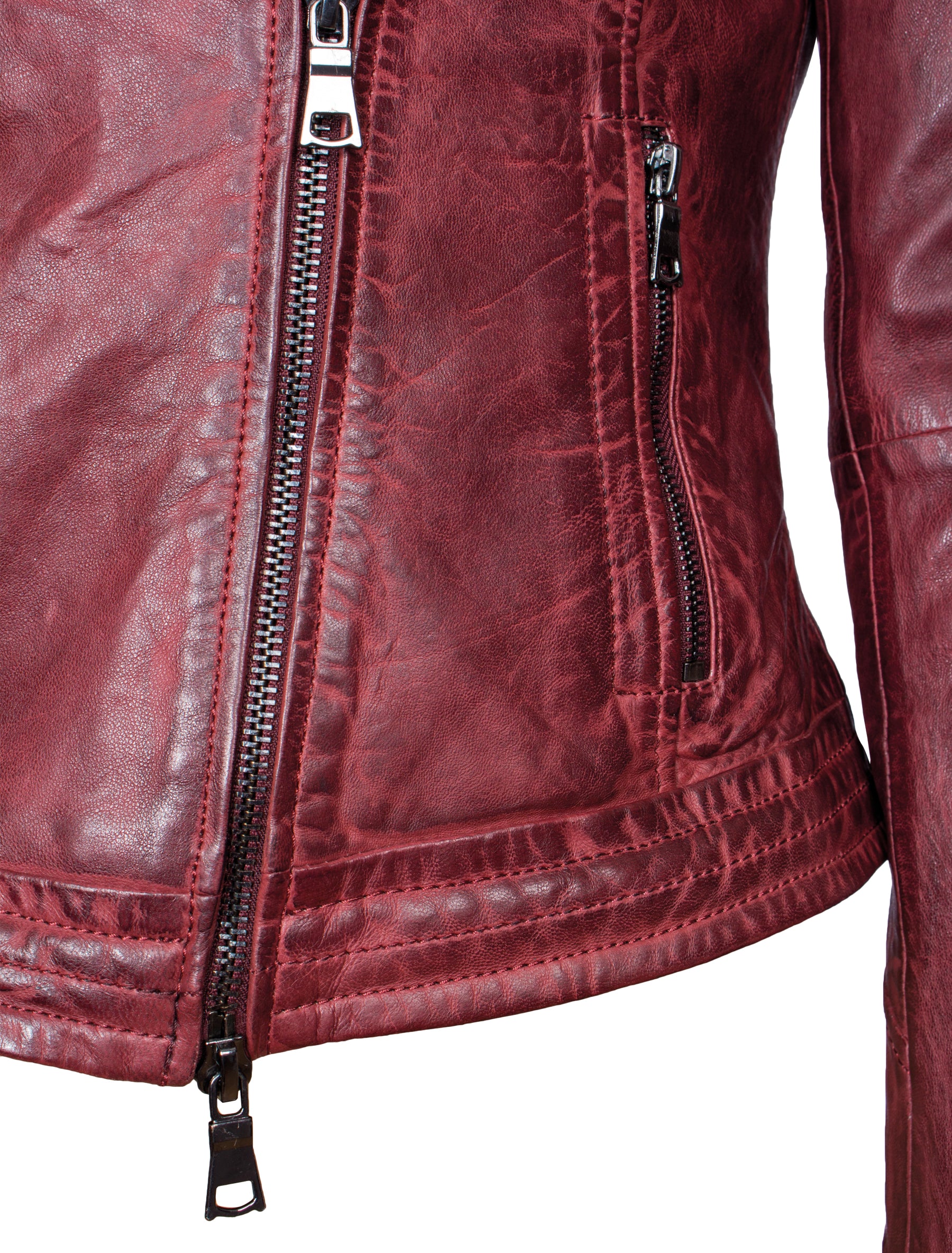 Damen Lederjacke Bikerjacke mit Umlegekragen und gunmetal Reißverschlüssen - Tiffany in oxblood