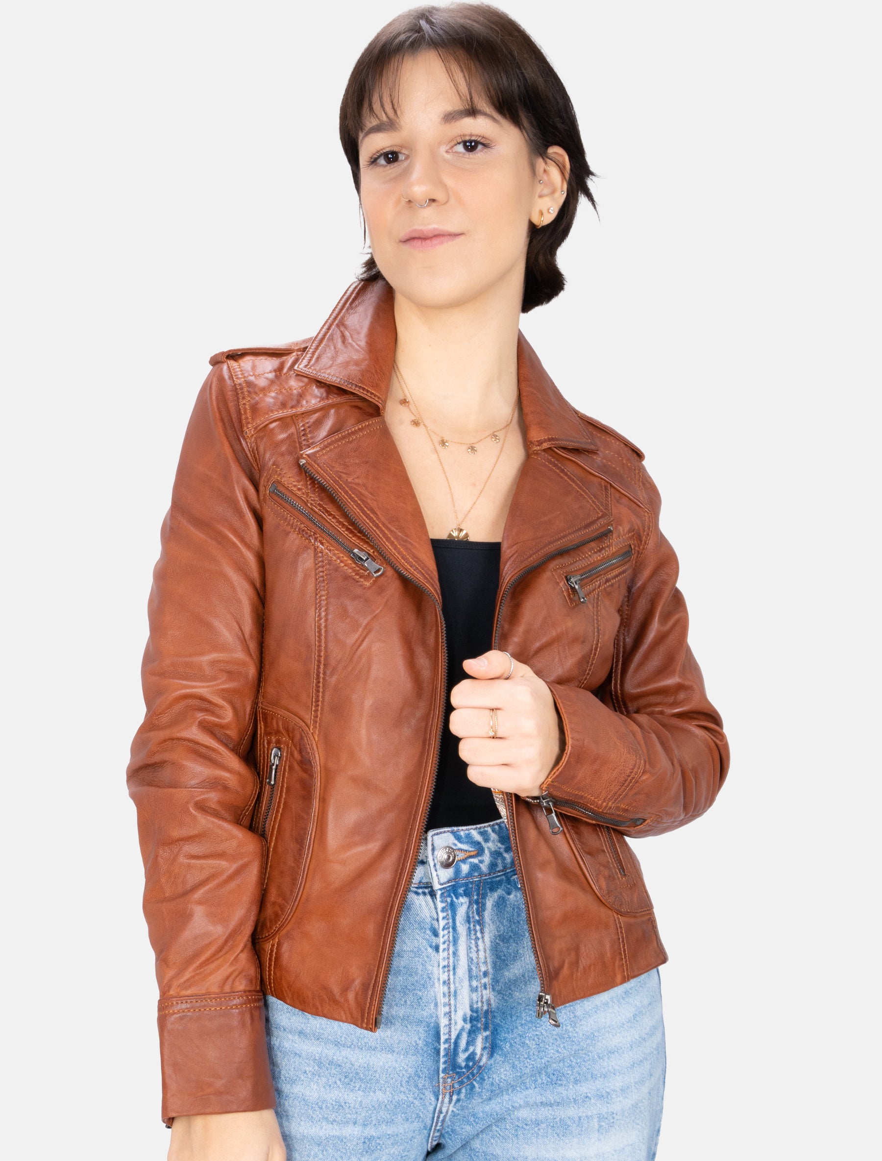 Damen Biker Lederjacke mit Reverskragen - Mariah in cognac