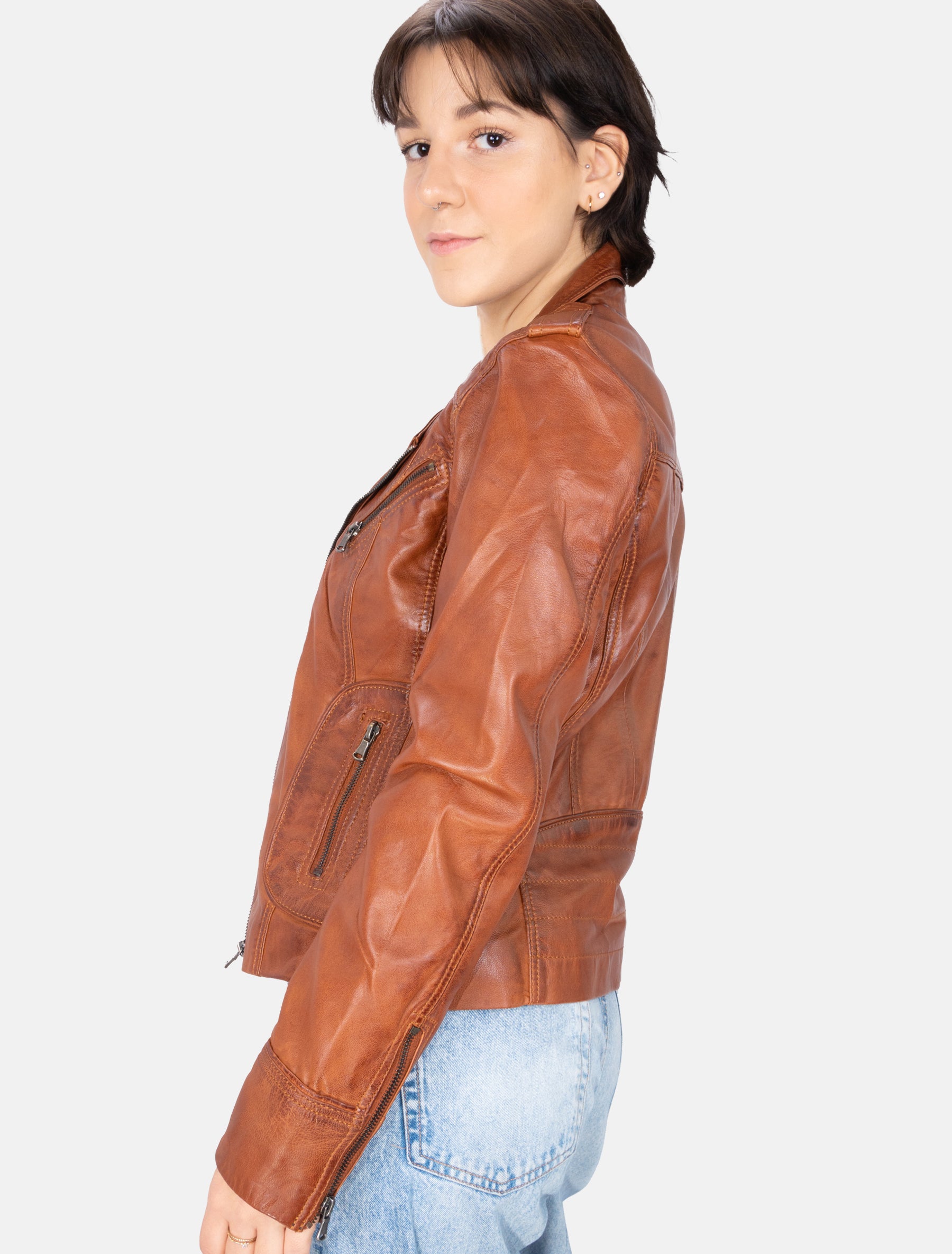 Damen Biker Lederjacke mit Reverskragen - Mariah in cognac