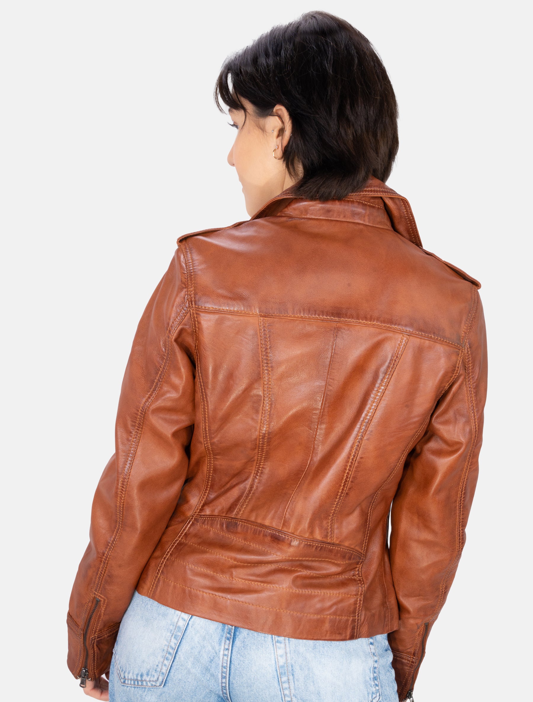 Damen Biker Lederjacke mit Reverskragen - Mariah in cognac