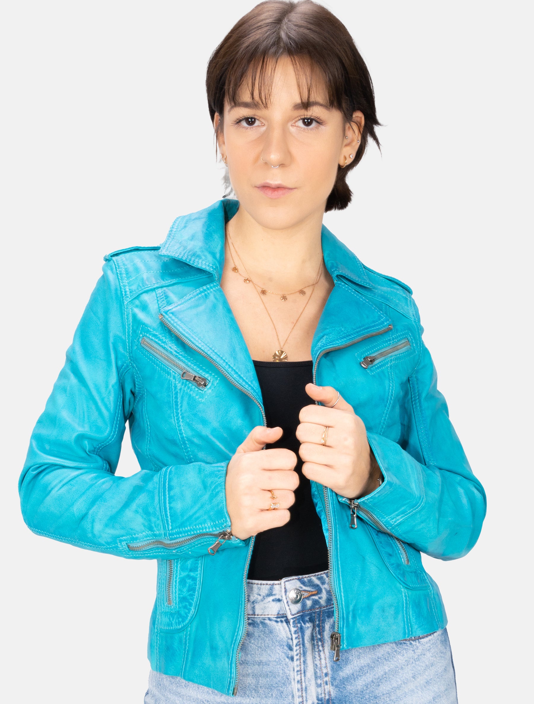 Damen Biker Lederjacke mit Reverskragen - Mariah in fabulous blue