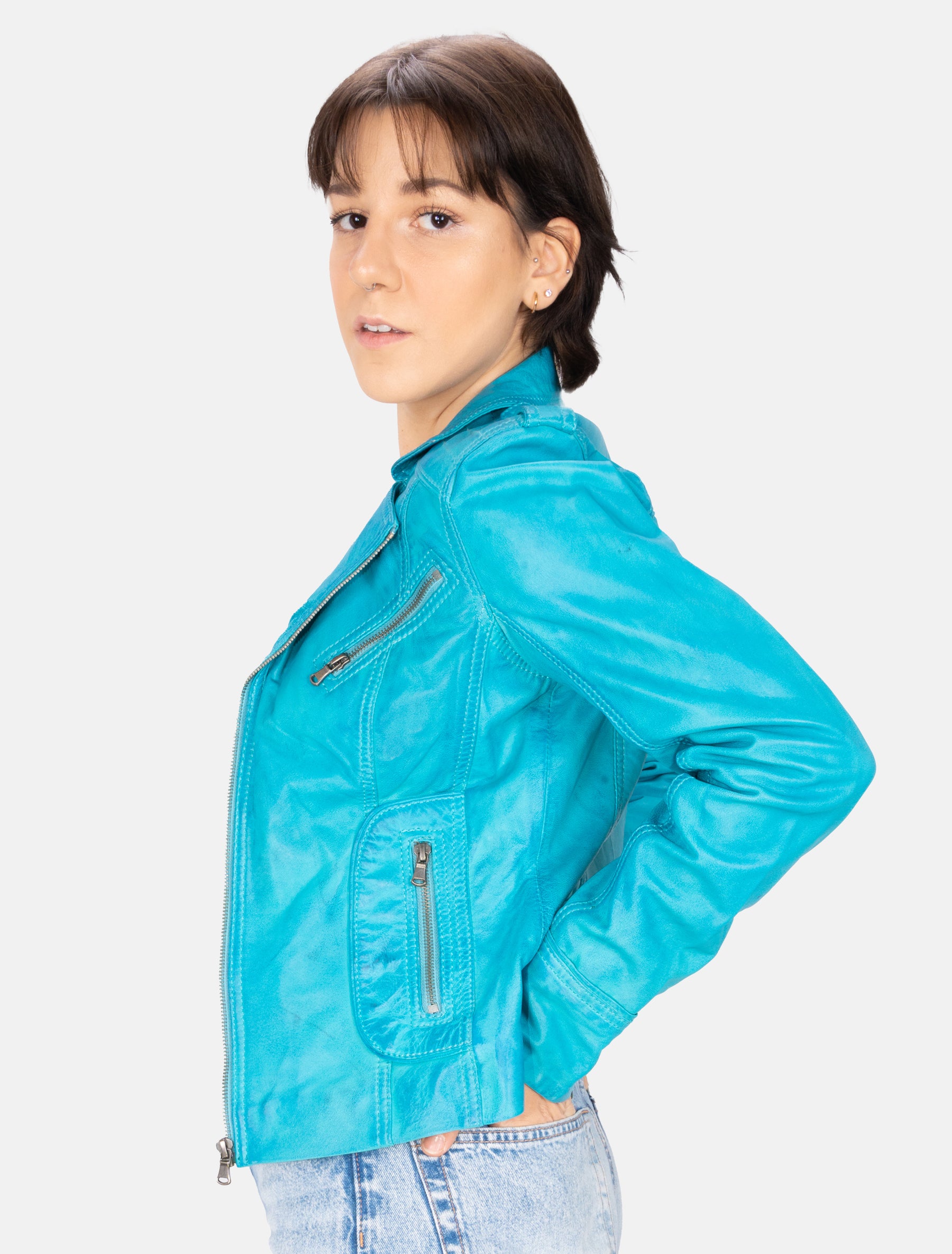 Damen Biker Lederjacke mit Reverskragen - Mariah in fabulous blue