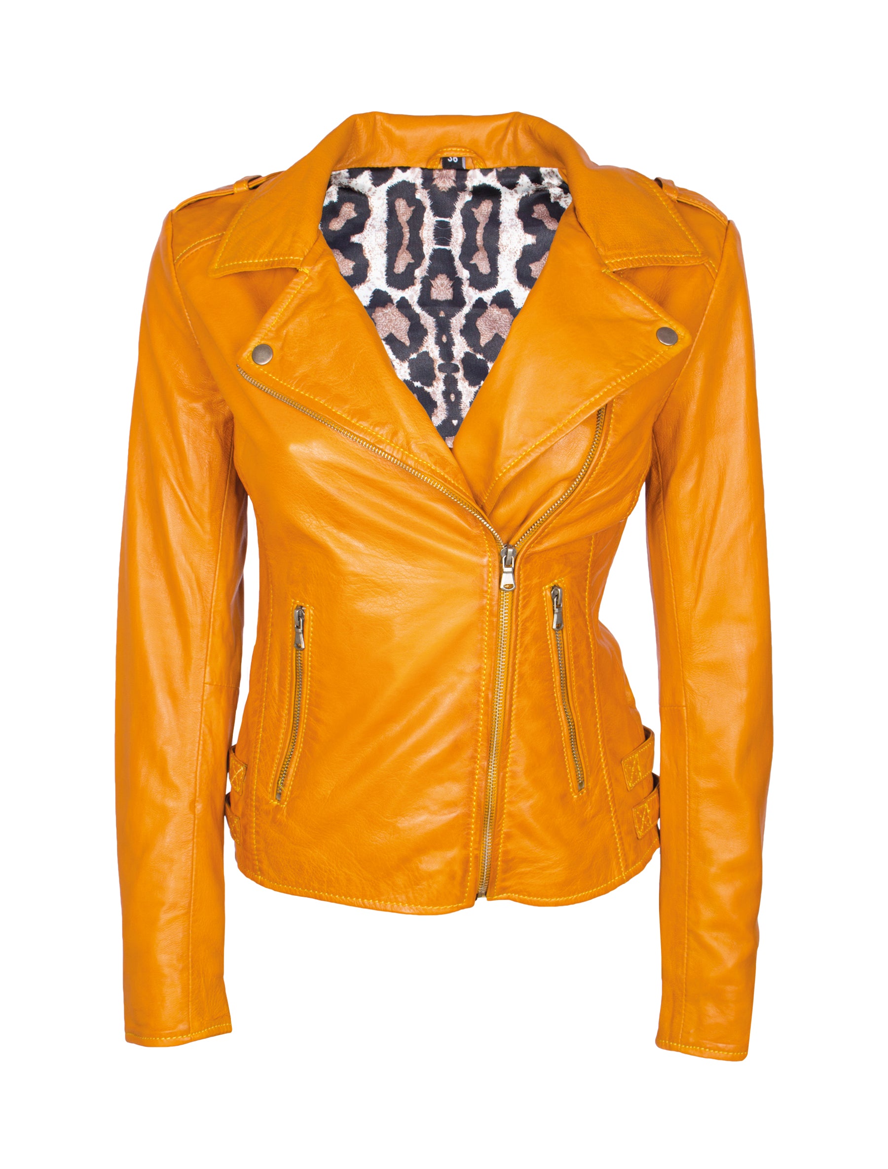 Damen Lederjacke im Bikerstil aus Lammleder - 1123 in mustard (senf gelb)