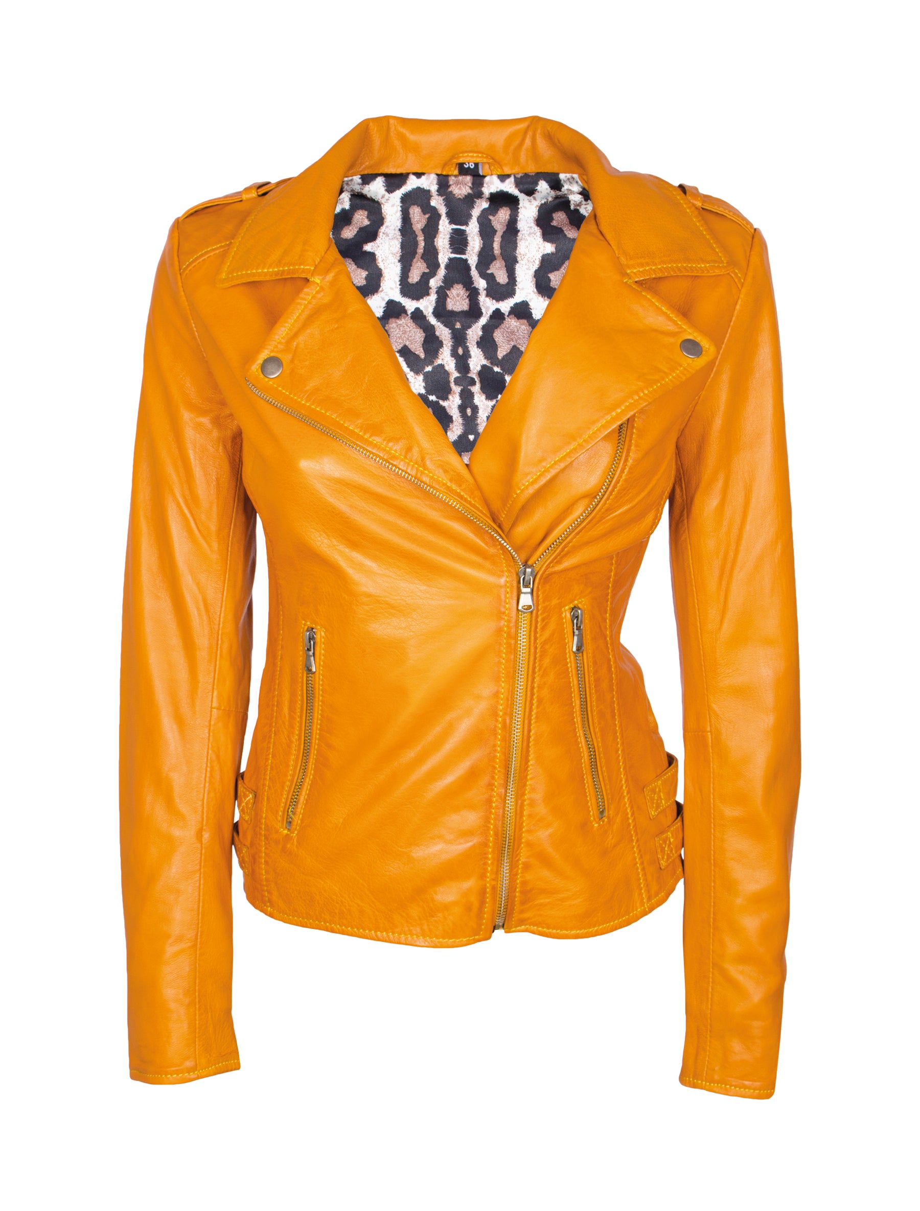 Damen Lederjacke im Bikerstil aus Lammleder - 1123 in mustard (senf gelb)