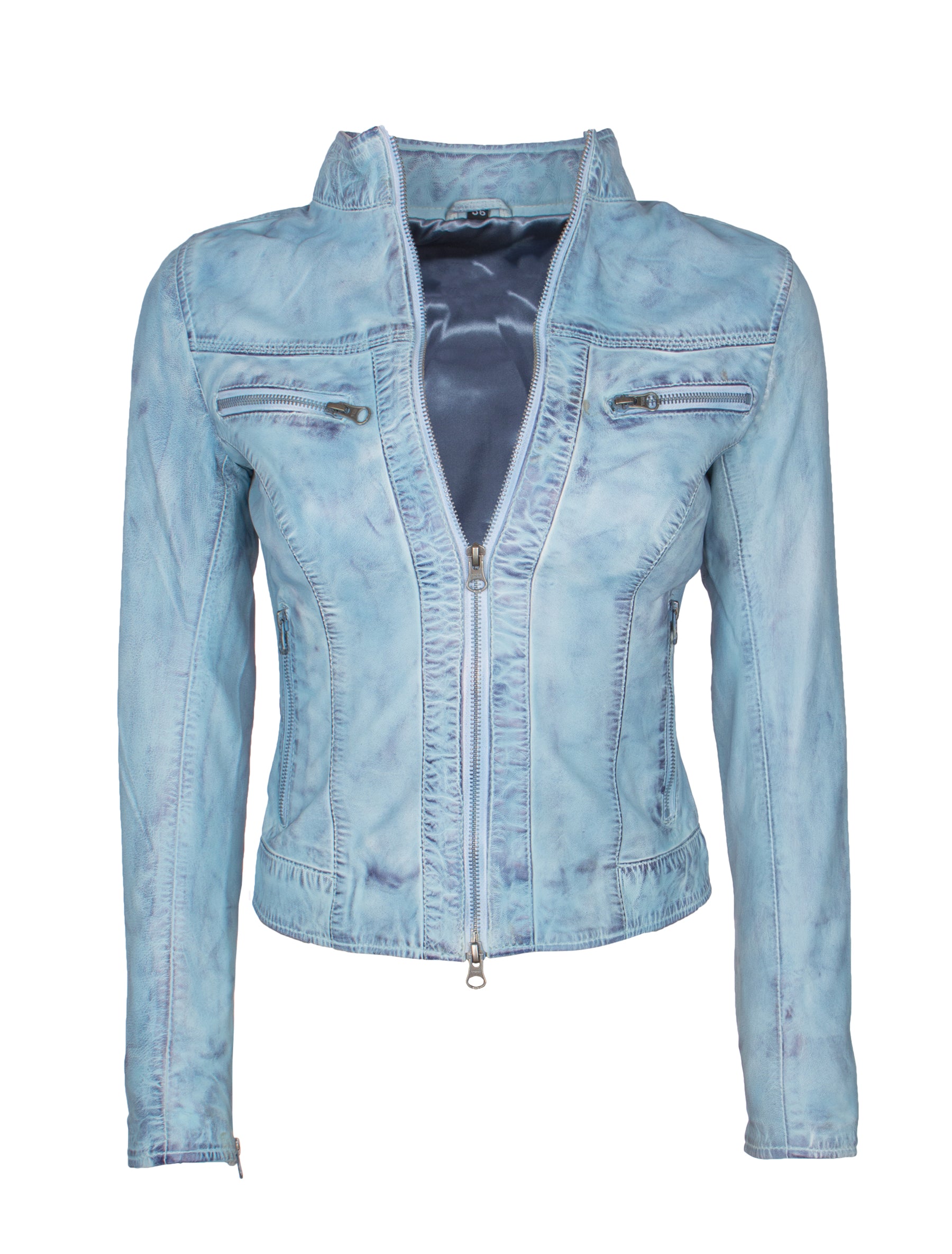 Kurze Damen Lederjacke in Jeans farben/ hellblau mit Stehkragen - Mary in crust blue