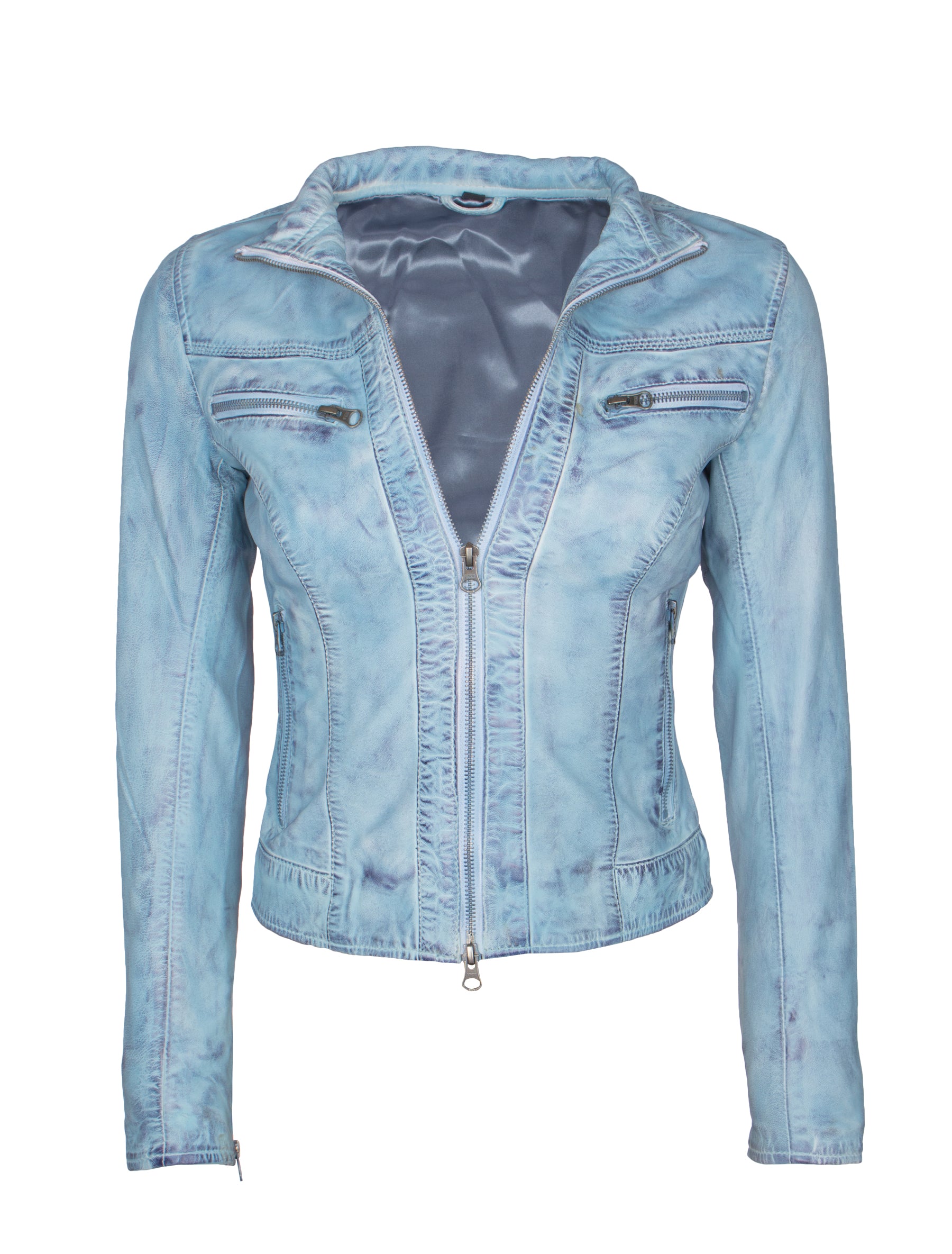 Kurze Damen Lederjacke in Jeans farben/ hellblau mit Stehkragen - Mary in crust blue