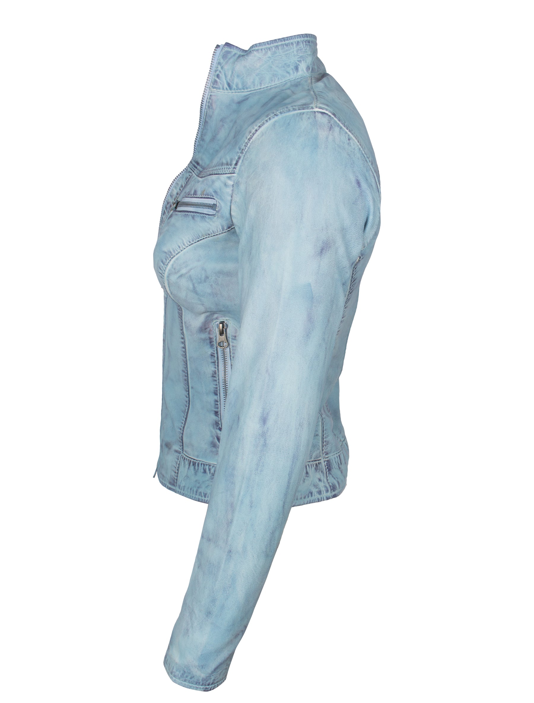 Kurze Damen Lederjacke in Jeans farben/ hellblau mit Stehkragen - Mary in crust blue